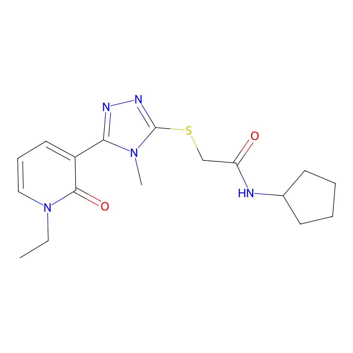N-cyclopentyl-2-((5-(1-ethyl-2-oxo-1,2-dihydropyridin-3-yl)-4-methyl-4H-1,2,4-triazol-3-yl)thio)acetamide molecular structure, CAS 1105229-05-7