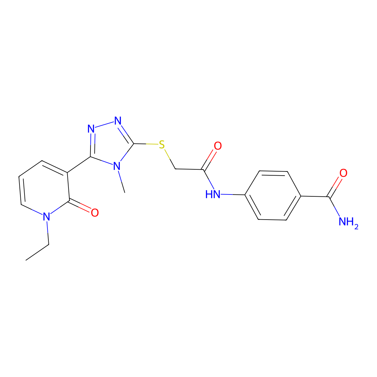 4-(2-((5-(1-ethyl-2-oxo-1,2-dihydropyridin-3-yl)-4-methyl-4H-1,2,4-triazol-3-yl)thio)acetamido)benzamide molecular structure, CAS 1105229-13-7