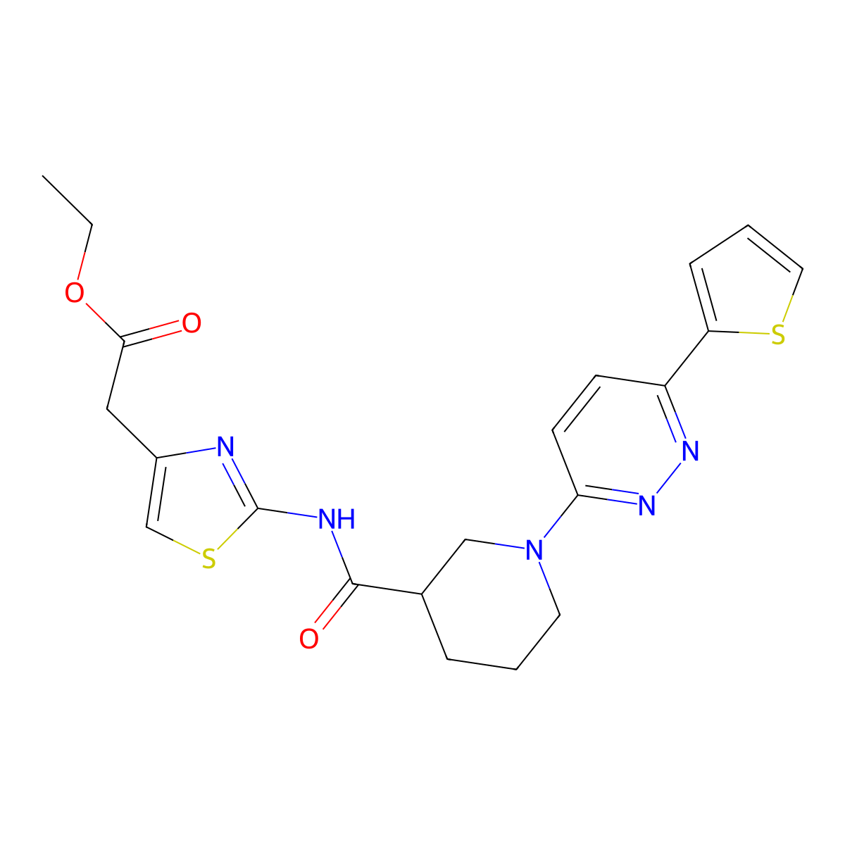 Ethyl 2-(2-(1-(6-(thiophen-2-yl)pyridazin-3-yl)piperidine-3-carboxamido)thiazol-4-yl)acetate molecular structure, CAS 1105229-24-0