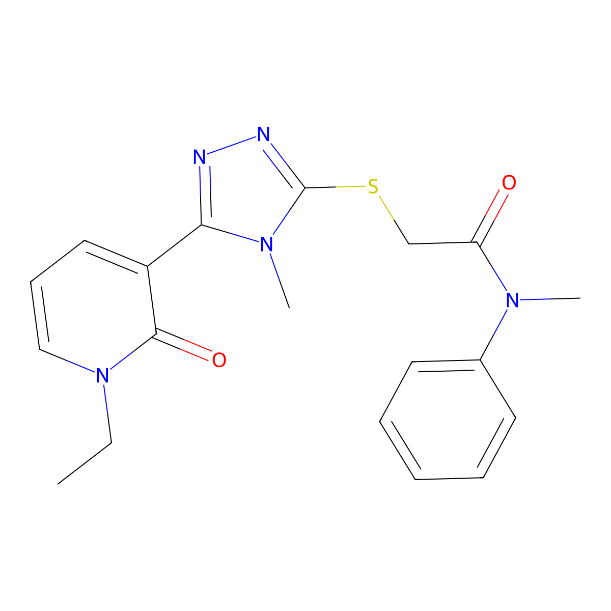 2-((5-(1-ethyl-2-oxo-1,2-dihydropyridin-3-yl)-4-methyl-4H-1,2,4-triazol-3-yl)thio)-N-methyl-N-phenylacetamide molecular structure, CAS 1105229-29-5