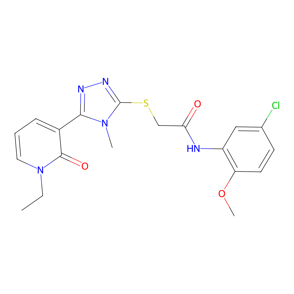 N-(5-chloro-2-methoxyphenyl)-2-((5-(1-ethyl-2-oxo-1,2-dihydropyridin-3-yl)-4-methyl-4H-1,2,4-triazol-3-yl)thio)acetamide molecular structure, CAS 1105229-45-5