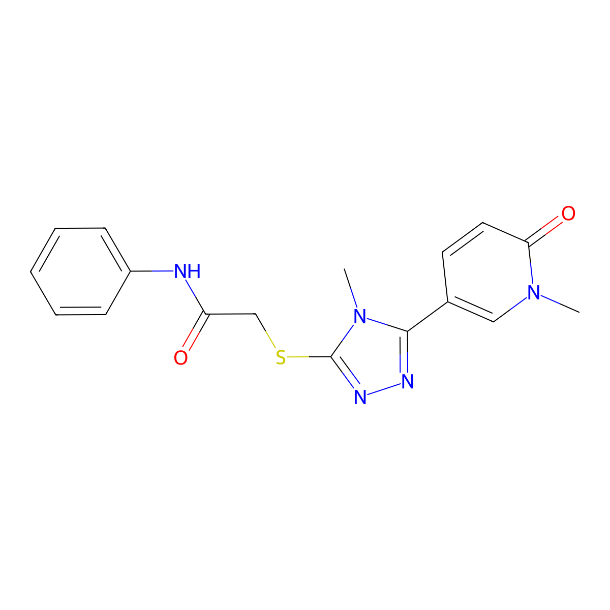 2-((4-methyl-5-(1-methyl-6-oxo-1,6-dihydropyridin-3-yl)-4H-1,2,4-triazol-3-yl)thio)-N-phenylacetamide molecular structure, CAS 1105229-69-3
