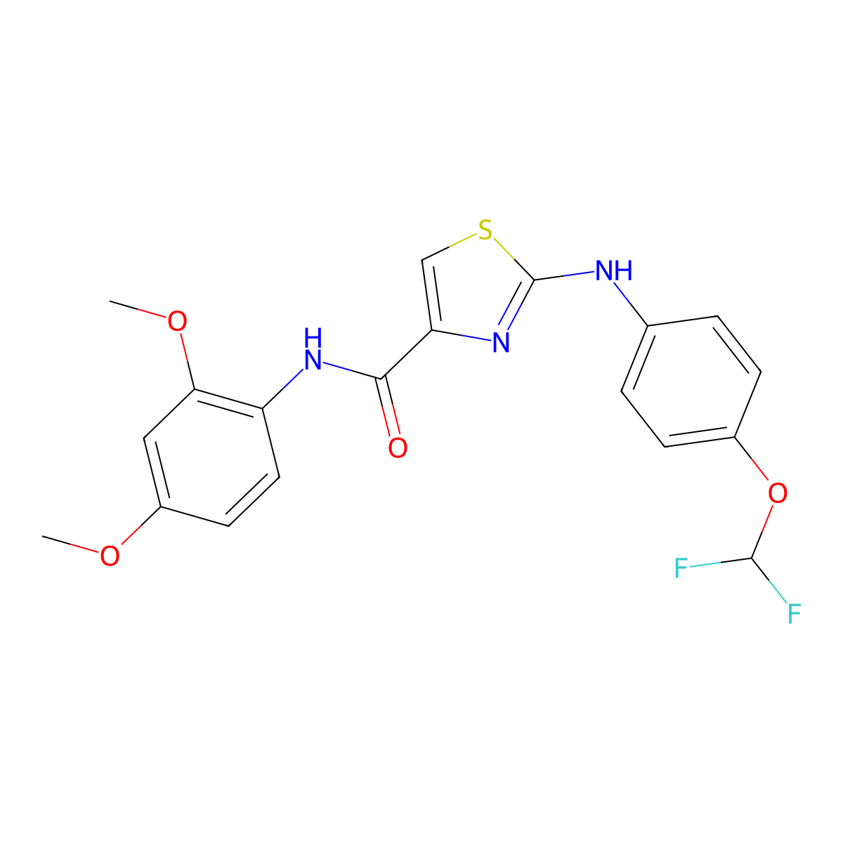 2-((4-(difluoromethoxy)phenyl)amino)-N-(2,4-dimethoxyphenyl)thiazole-4-carboxamide molecular structure, CAS 1105230-00-9