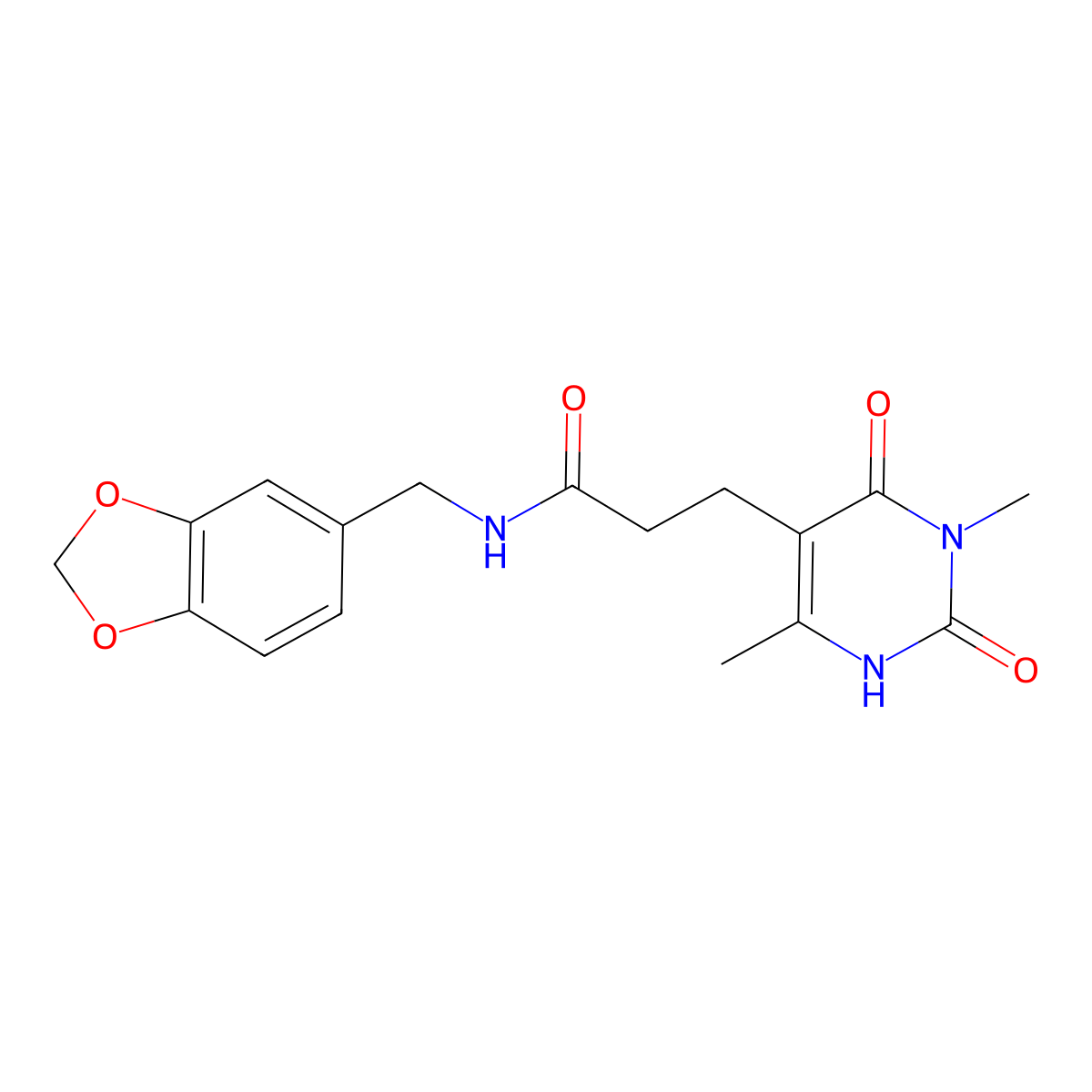 N-(benzo[d][1,3]dioxol-5-ylmethyl)-3-(3,6-dimethyl-2,4-dioxo-1,2,3,4-tetrahydropyrimidin-5-yl)propanamide molecular structure, CAS 1105230-07-6