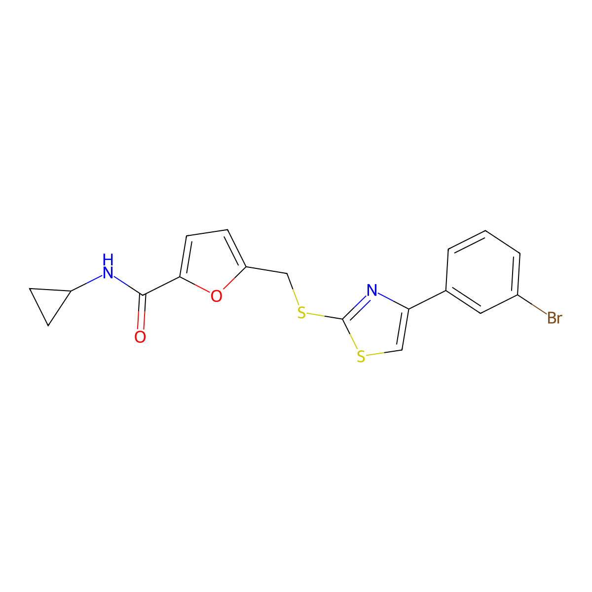5-(((4-(3-bromophenyl)thiazol-2-yl)thio)methyl)-N-cyclopropylfuran-2-carboxamide molecular structure, CAS 1105230-09-8