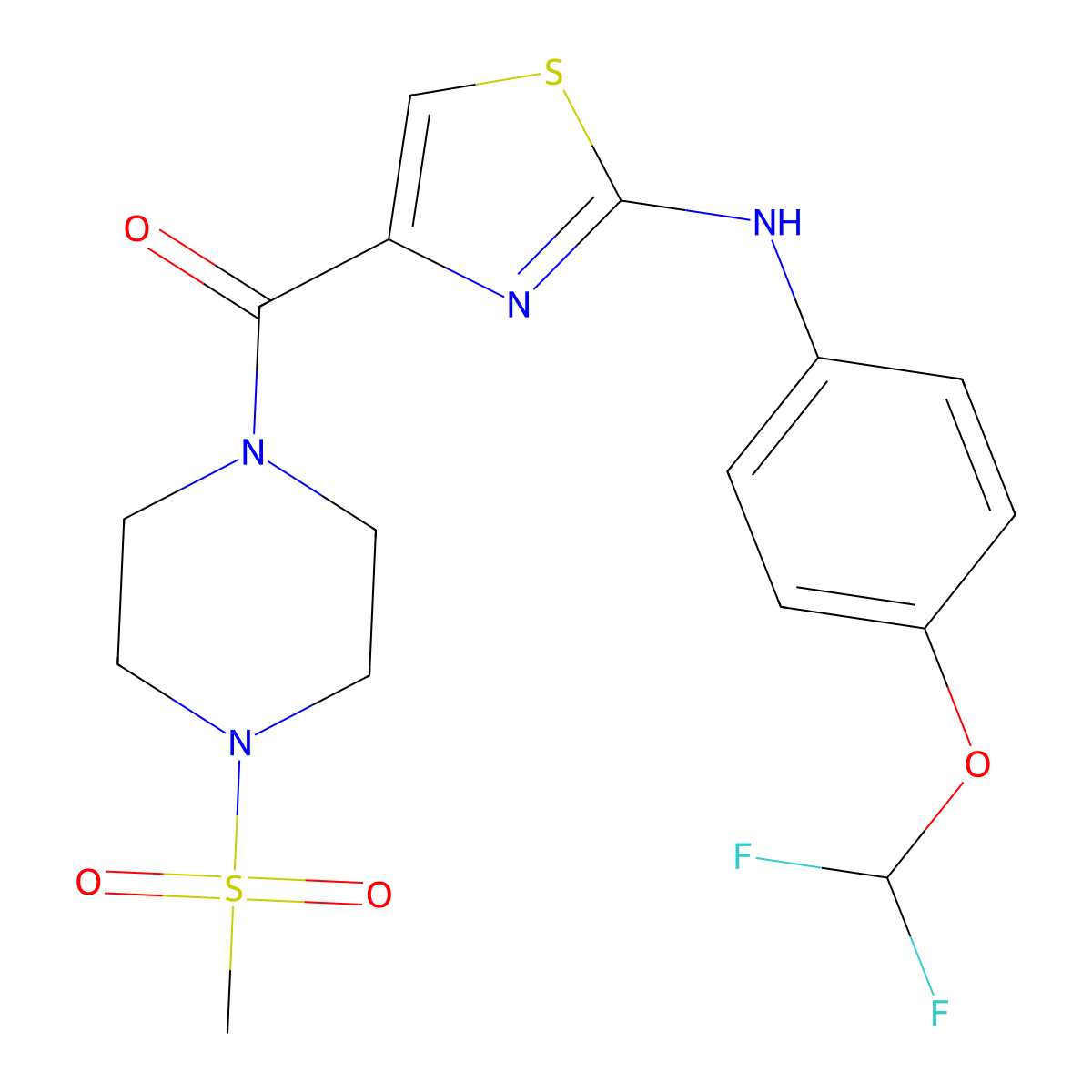 (2-((4-(Difluoromethoxy)phenyl)amino)thiazol-4-yl)(4-(methylsulfonyl)piperazin-1-yl)methanone molecular structure, CAS 1105230-24-7