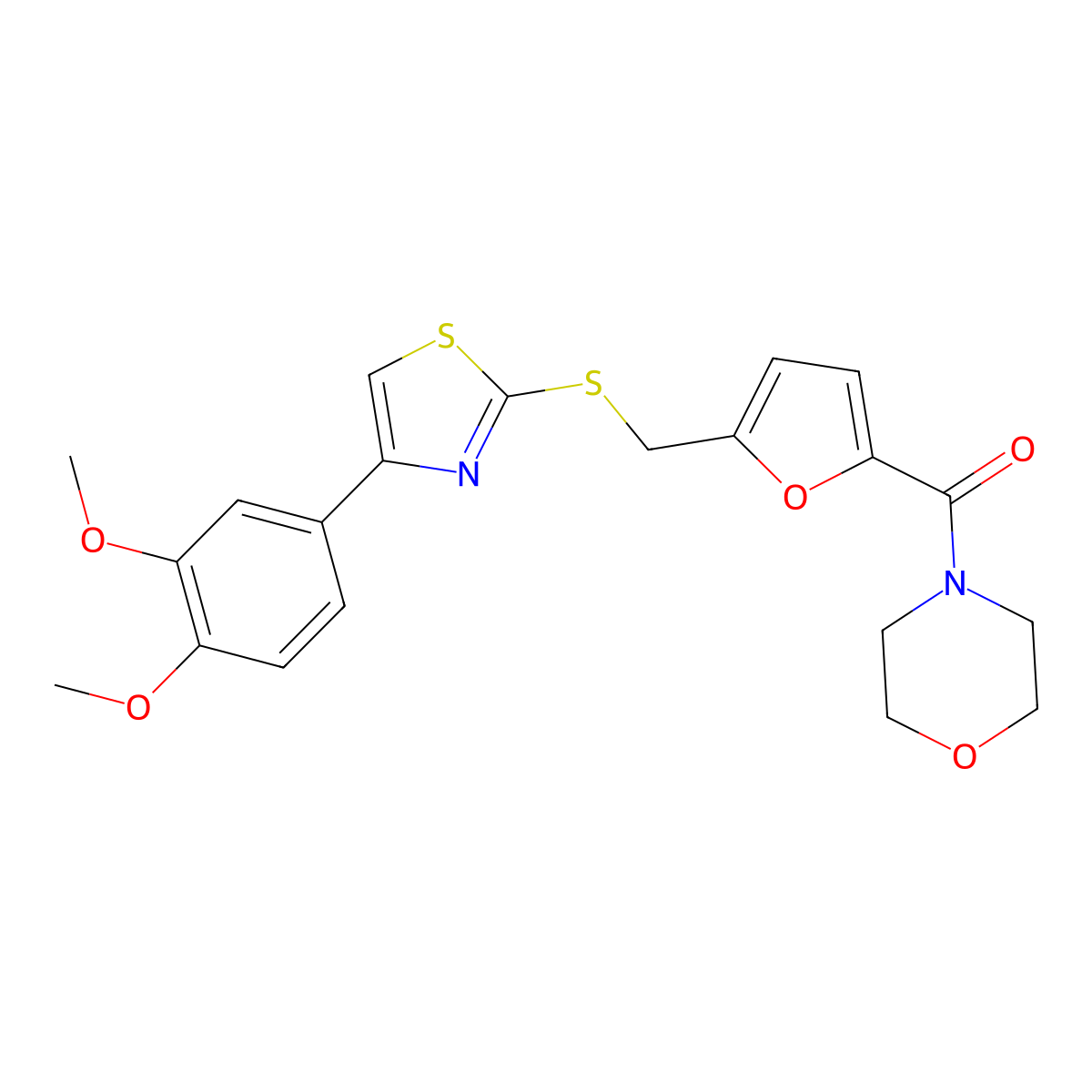 (5-(((4-(3,4-Dimethoxyphenyl)thiazol-2-yl)thio)methyl)furan-2-yl)(morpholino)methanone molecular structure, CAS 1105230-25-8
