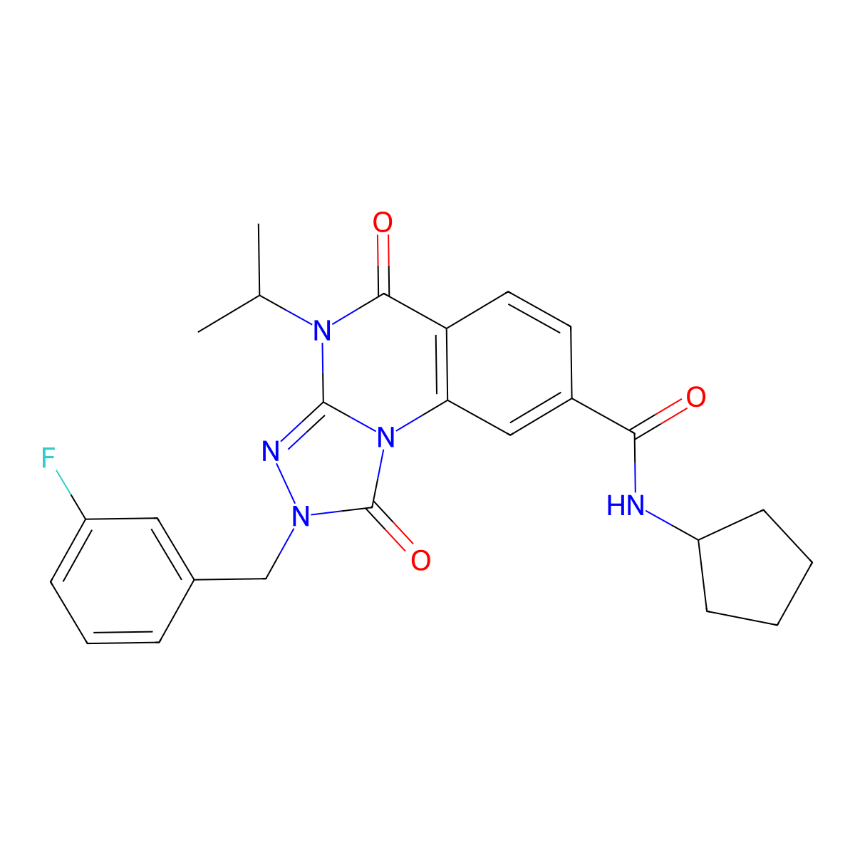 N-cyclopentyl-2-(3-fluorobenzyl)-4-isopropyl-1,5-dioxo-1,2,4,5-tetrahydro-[1,2,4]triazolo[4,3-a]quinazoline-8-carboxamide molecular structure, CAS 1105230-34-9