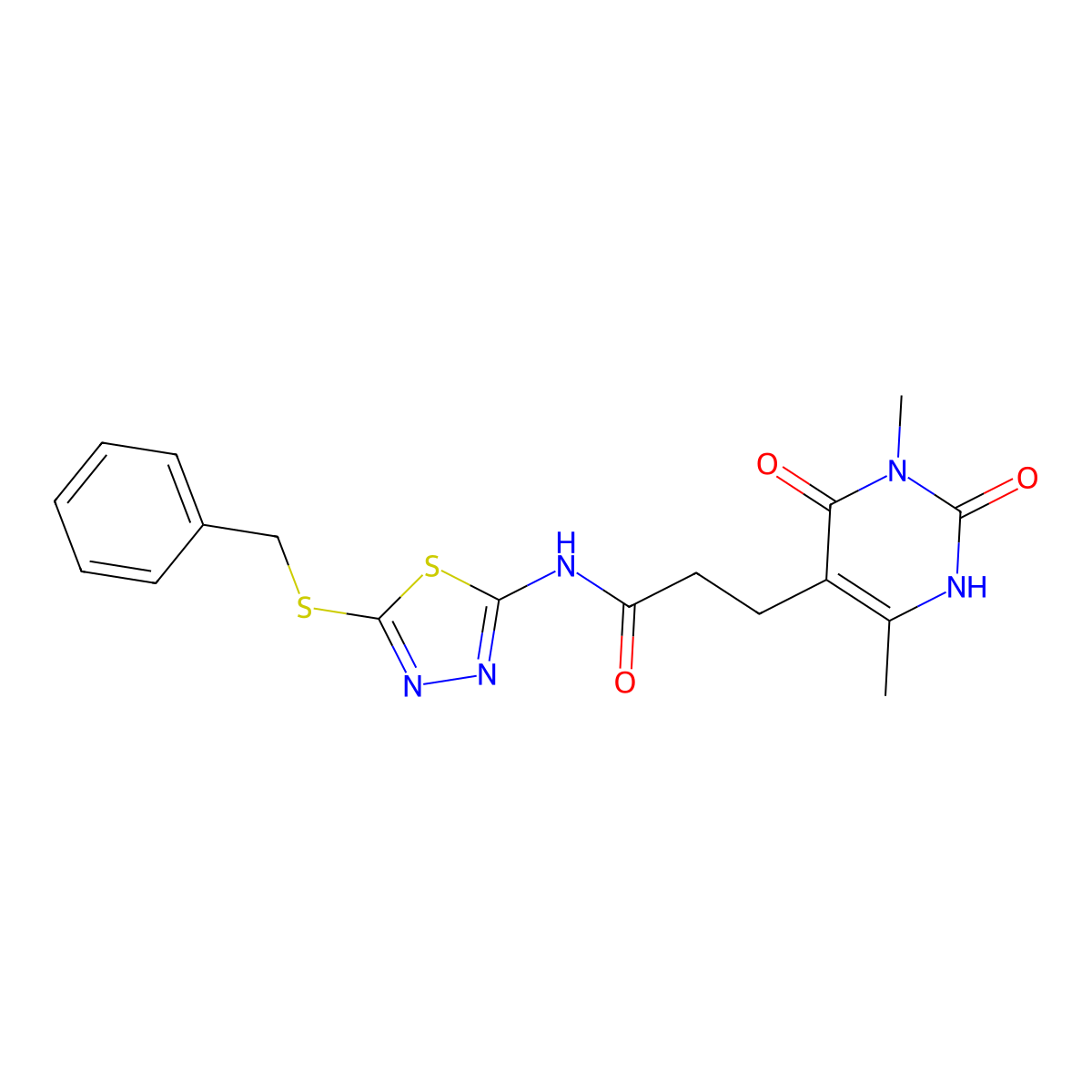 N-(5-(benzylthio)-1,3,4-thiadiazol-2-yl)-3-(3,6-dimethyl-2,4-dioxo-1,2,3,4-tetrahydropyrimidin-5-yl)propanamide molecular structure, CAS 1105230-39-4