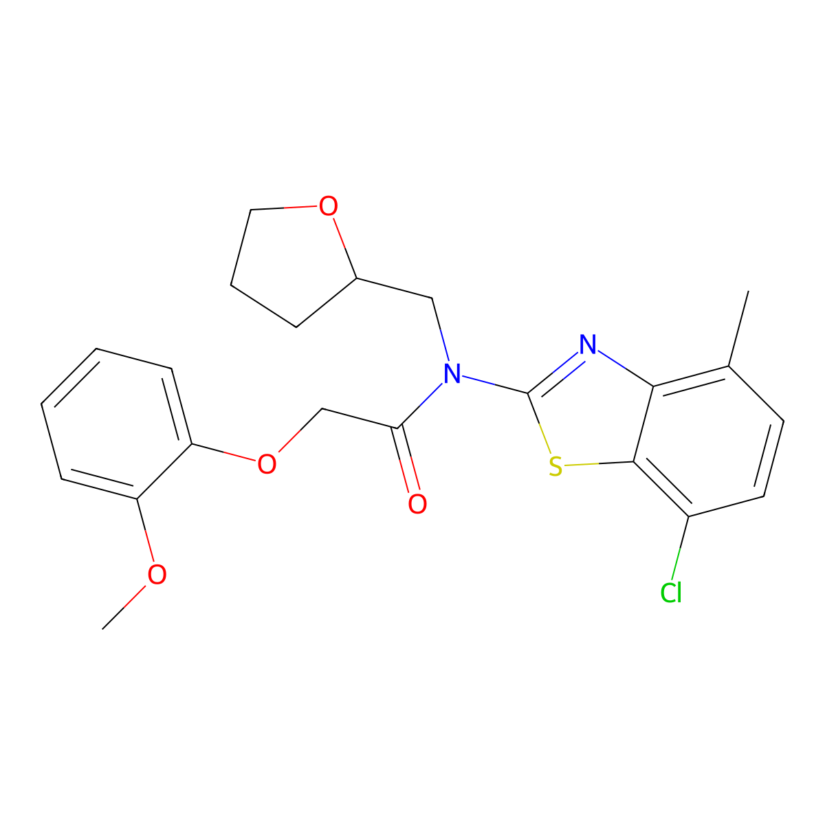 N-(7-chloro-4-methylbenzo[d]thiazol-2-yl)-2-(2-methoxyphenoxy)-N-((tetrahydrofuran-2-yl)methyl)acetamide molecular structure, CAS 1105230-76-9