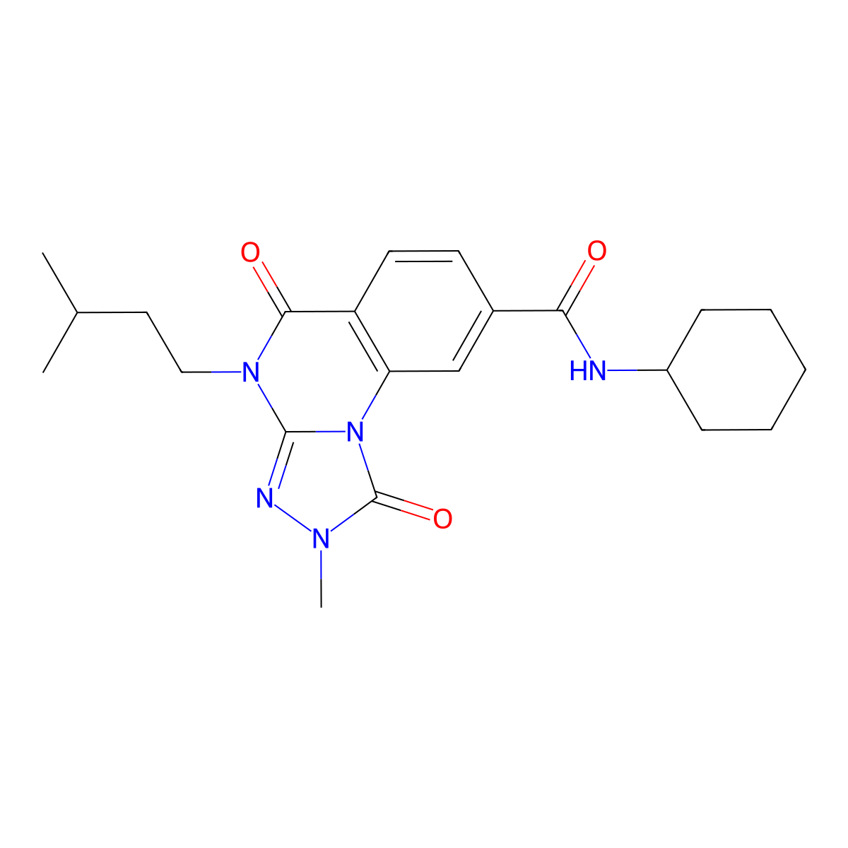 N-cyclohexyl-2-methyl-4-(3-methylbutyl)-1,5-dioxo-1H,2H,4H,5H-[1,2,4]triazolo[4,3-a]quinazoline-8-carboxamide molecular structure, CAS 1105231-05-7
