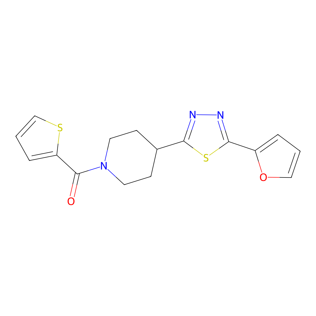 (4-(5-(Furan-2-yl)-1,3,4-thiadiazol-2-yl)piperidin-1-yl)(thiophen-2-yl)methanone molecular structure, CAS 1105231-06-8