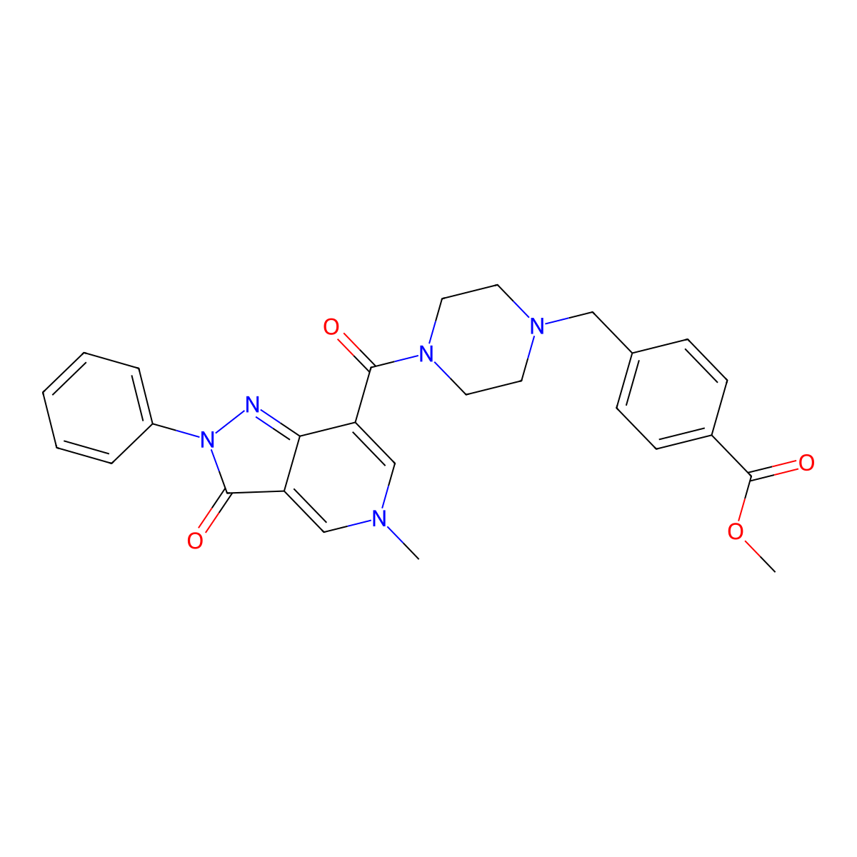 methyl 4-((4-(5-methyl-3-oxo-2-phenyl-3,5-dihydro-2H-pyrazolo[4,3-c]pyridine-7-carbonyl)piperazin-1-yl)methyl)benzoate molecular structure, CAS 1105231-29-5