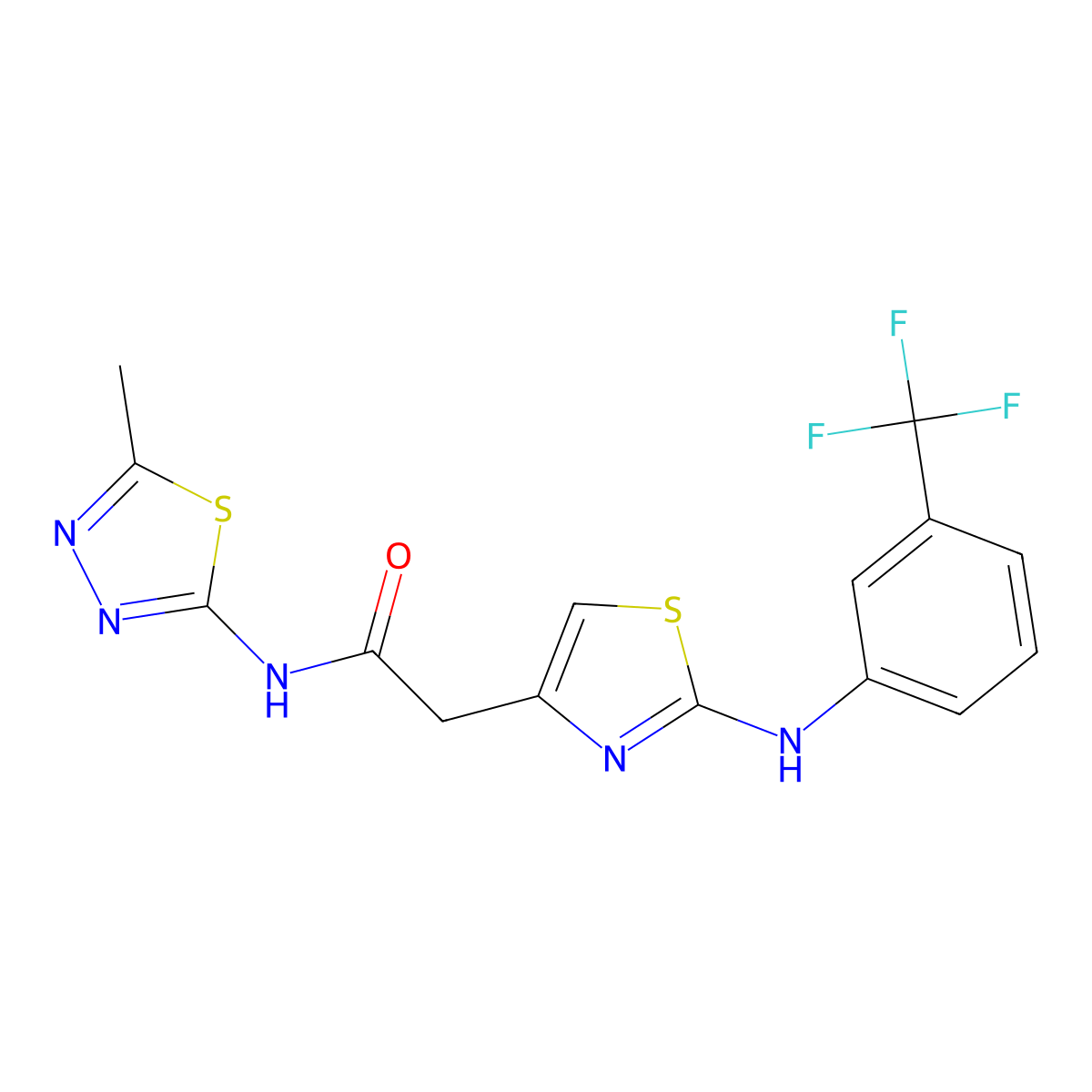 N-(5-methyl-1,3,4-thiadiazol-2-yl)-2-(2-((3-(trifluoromethyl)phenyl)amino)thiazol-4-yl)acetamide molecular structure, CAS 1105231-39-7