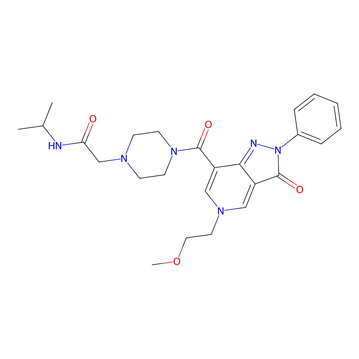 N-isopropyl-2-(4-(5-(2-methoxyethyl)-3-oxo-2-phenyl-3,5-dihydro-2H-pyrazolo[4,3-c]pyridine-7-carbonyl)piperazin-1-yl)acetamide molecular structure, CAS 1105231-50-2