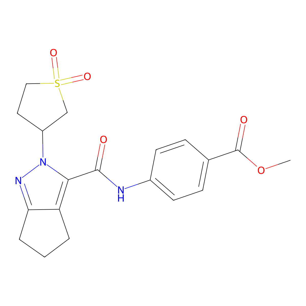 Methyl 4-(2-(1,1-dioxidotetrahydrothiophen-3-yl)-2,4,5,6-tetrahydrocyclopenta[c]pyrazole-3-carboxamido)benzoate molecular structure, CAS 1105231-59-1