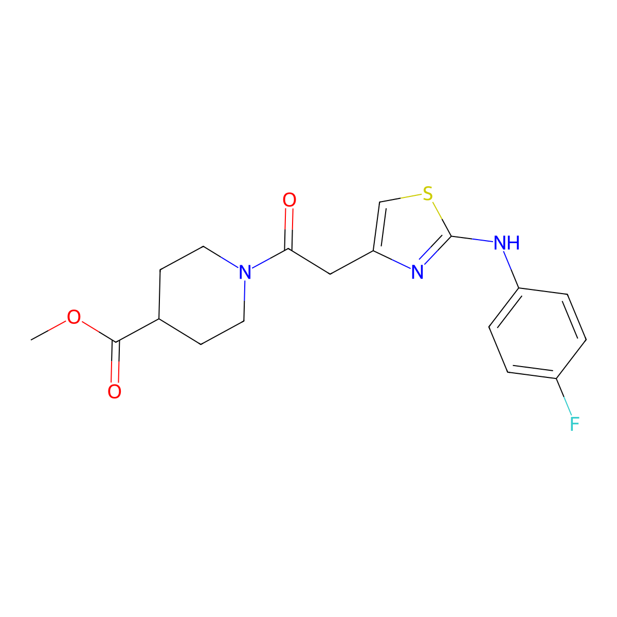 Methyl 1-(2-(2-((4-fluorophenyl)amino)thiazol-4-yl)acetyl)piperidine-4-carboxylate molecular structure, CAS 1105231-74-0