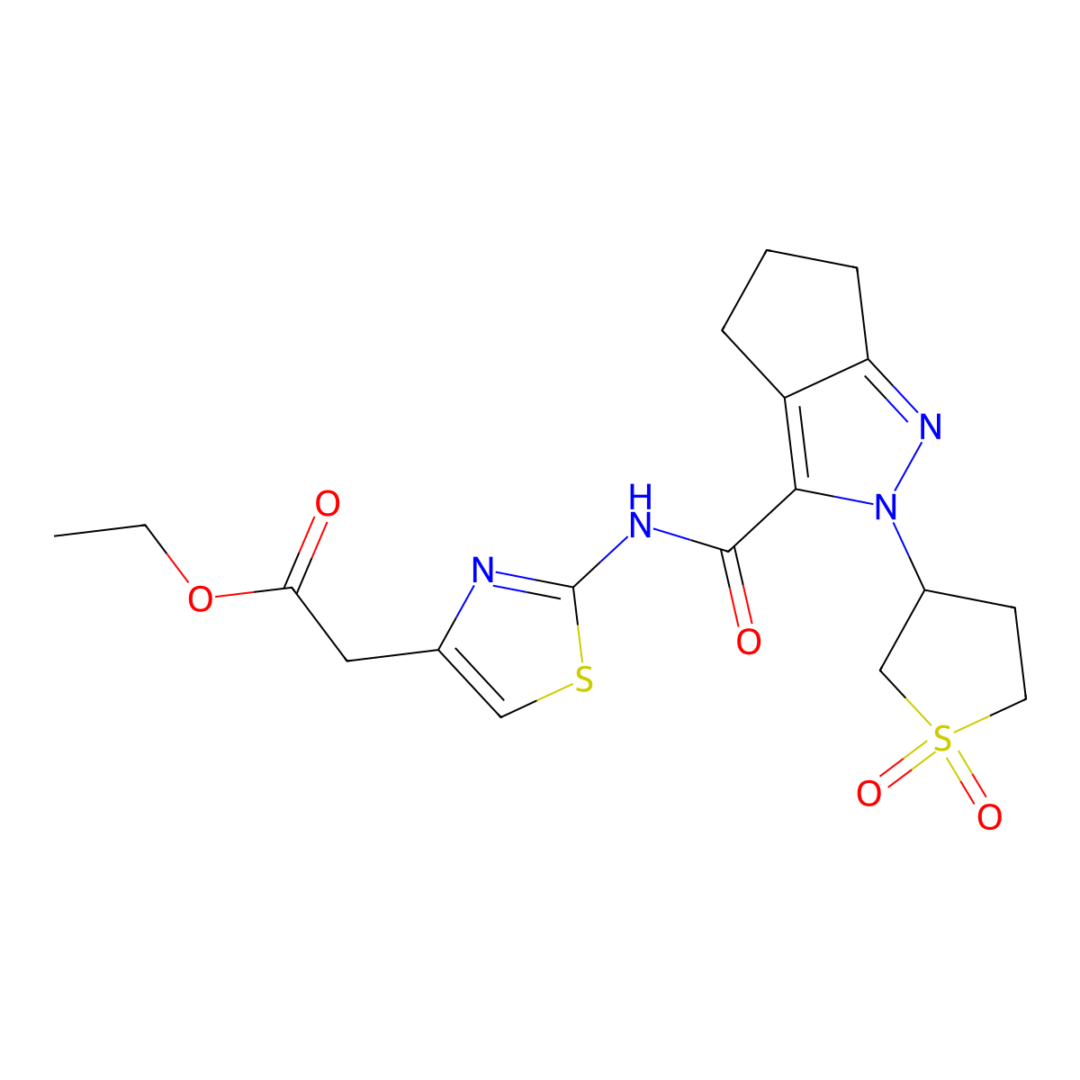 Ethyl 2-(2-(2-(1,1-dioxidotetrahydrothiophen-3-yl)-2,4,5,6-tetrahydrocyclopenta[c]pyrazole-3-carboxamido)thiazol-4-yl)acetate molecular structure, CAS 1105231-80-8