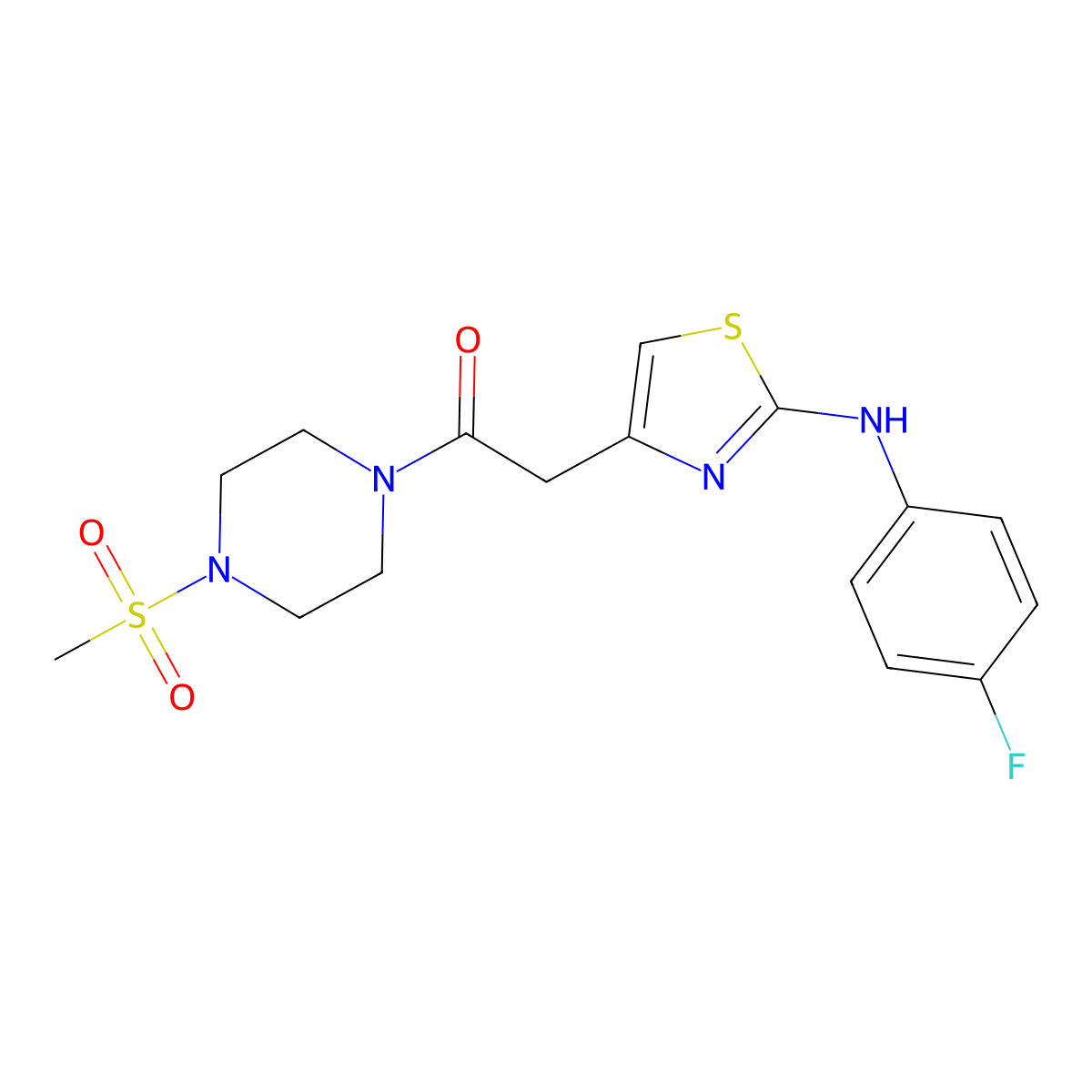 2-(2-((4-Fluorophenyl)amino)thiazol-4-yl)-1-(4-(methylsulfonyl)piperazin-1-yl)ethanone molecular structure, CAS 1105231-88-6