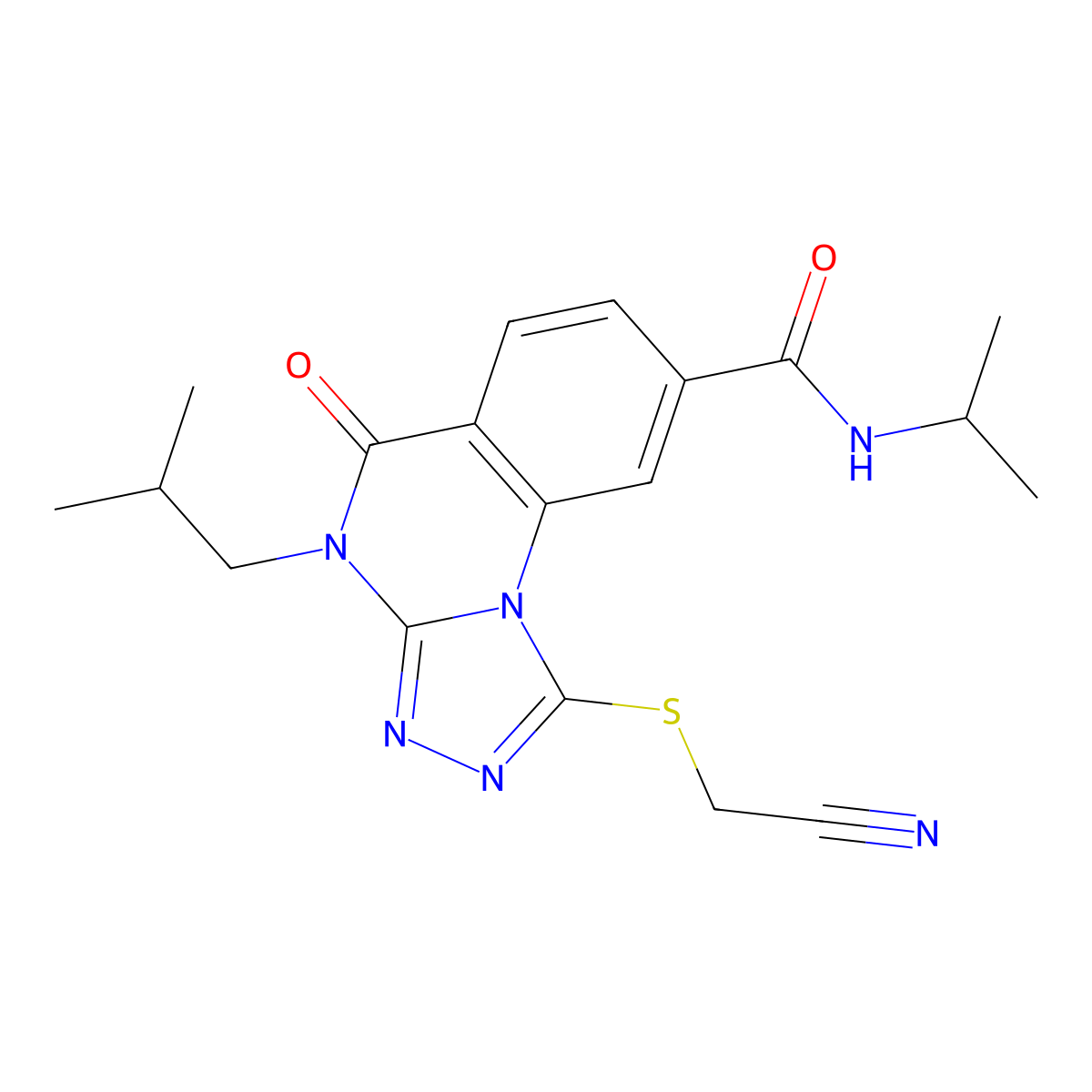 1-((cyanomethyl)thio)-4-isobutyl-N-isopropyl-5-oxo-4,5-dihydro-[1,2,4]triazolo[4,3-a]quinazoline-8-carboxamide molecular structure, CAS 1105231-90-0