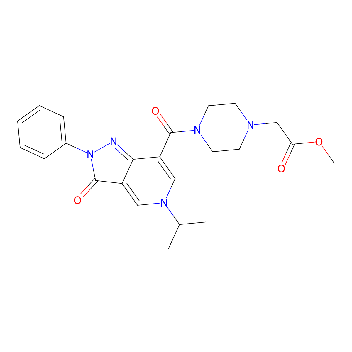 methyl 2-(4-(5-isopropyl-3-oxo-2-phenyl-3,5-dihydro-2H-pyrazolo[4,3-c]pyridine-7-carbonyl)piperazin-1-yl)acetate molecular structure, CAS 1105231-92-2