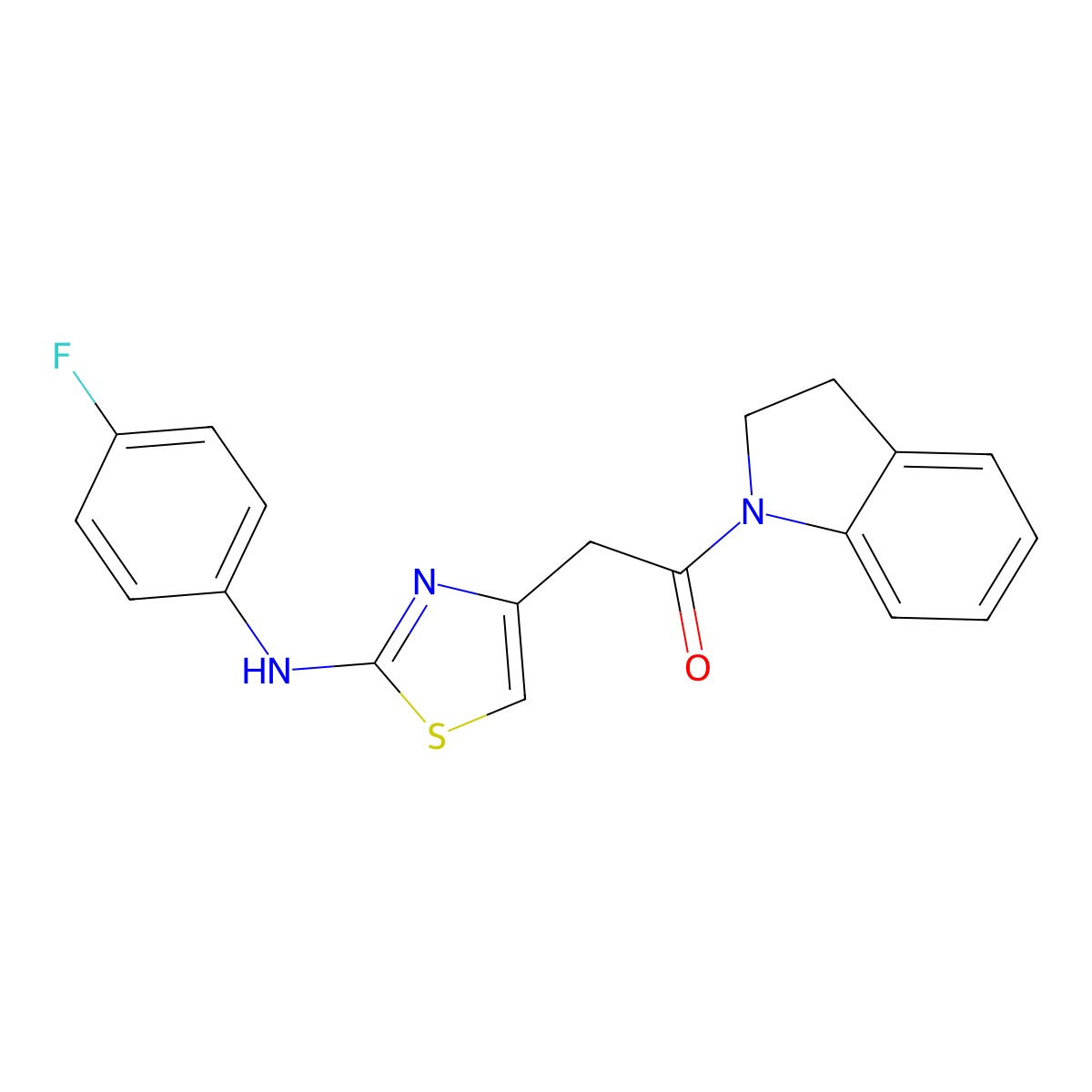 2-(2-((4-Fluorophenyl)amino)thiazol-4-yl)-1-(indolin-1-yl)ethanone molecular structure, CAS 1105231-95-5