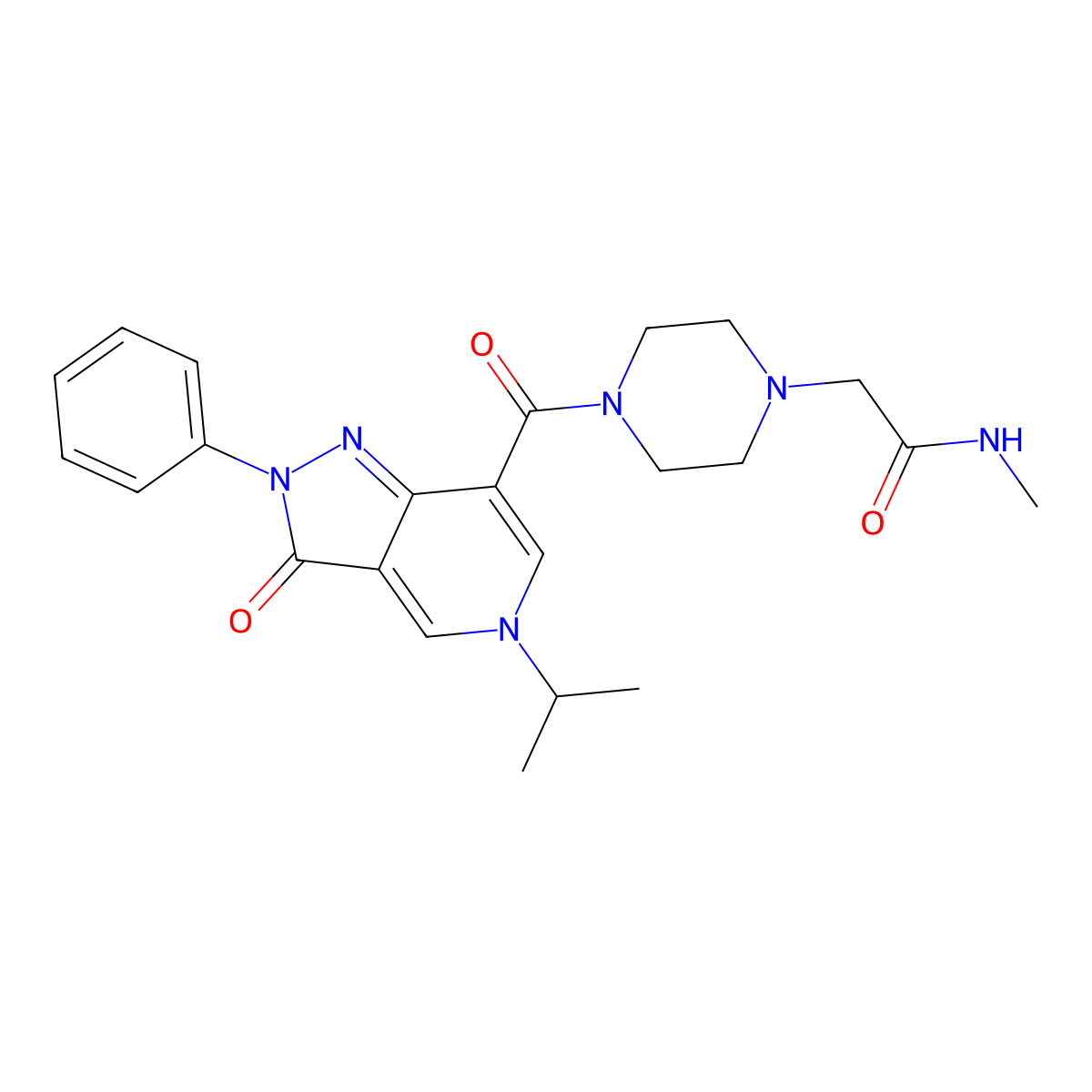 2-(4-(5-isopropyl-3-oxo-2-phenyl-3,5-dihydro-2H-pyrazolo[4,3-c]pyridine-7-carbonyl)piperazin-1-yl)-N-methylacetamide molecular structure, CAS 1105231-99-9
