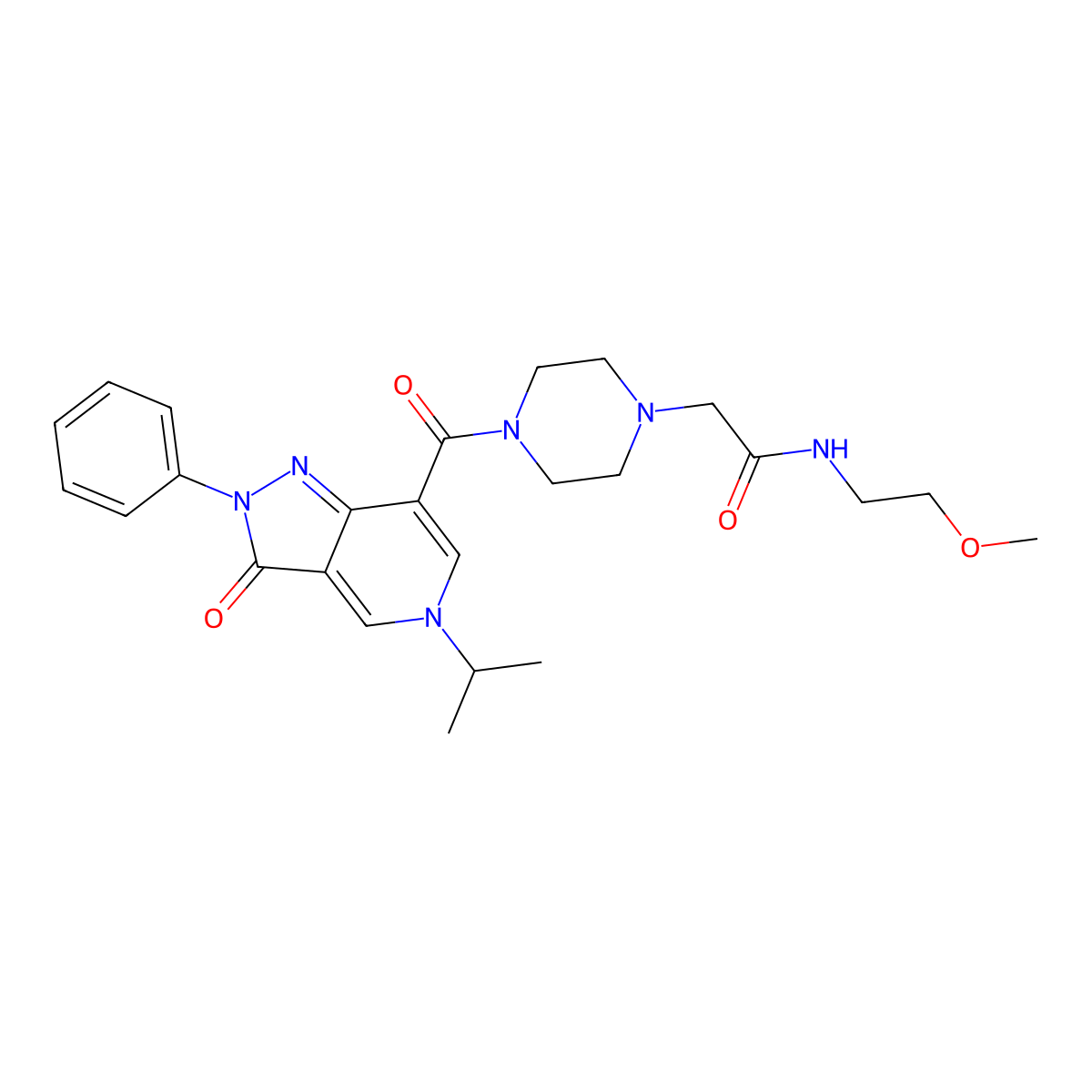 2-(4-(5-isopropyl-3-oxo-2-phenyl-3,5-dihydro-2H-pyrazolo[4,3-c]pyridine-7-carbonyl)piperazin-1-yl)-N-(2-methoxyethyl)acetamide molecular structure, CAS 1105232-05-0