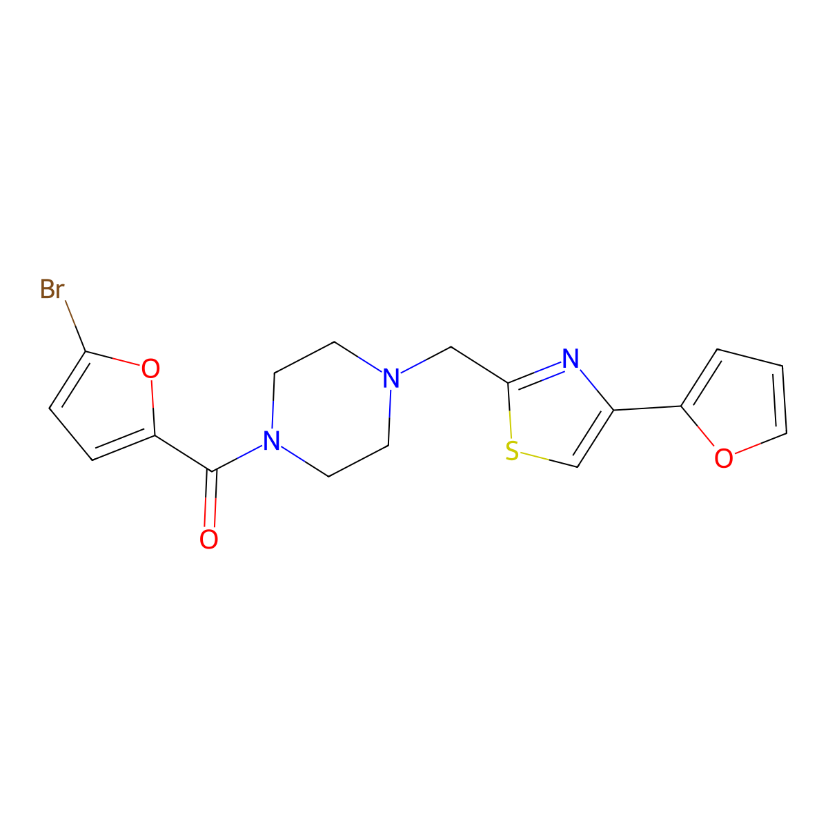 (5-Bromofuran-2-yl)(4-((4-(furan-2-yl)thiazol-2-yl)methyl)piperazin-1-yl)methanone molecular structure, CAS 1105232-62-9