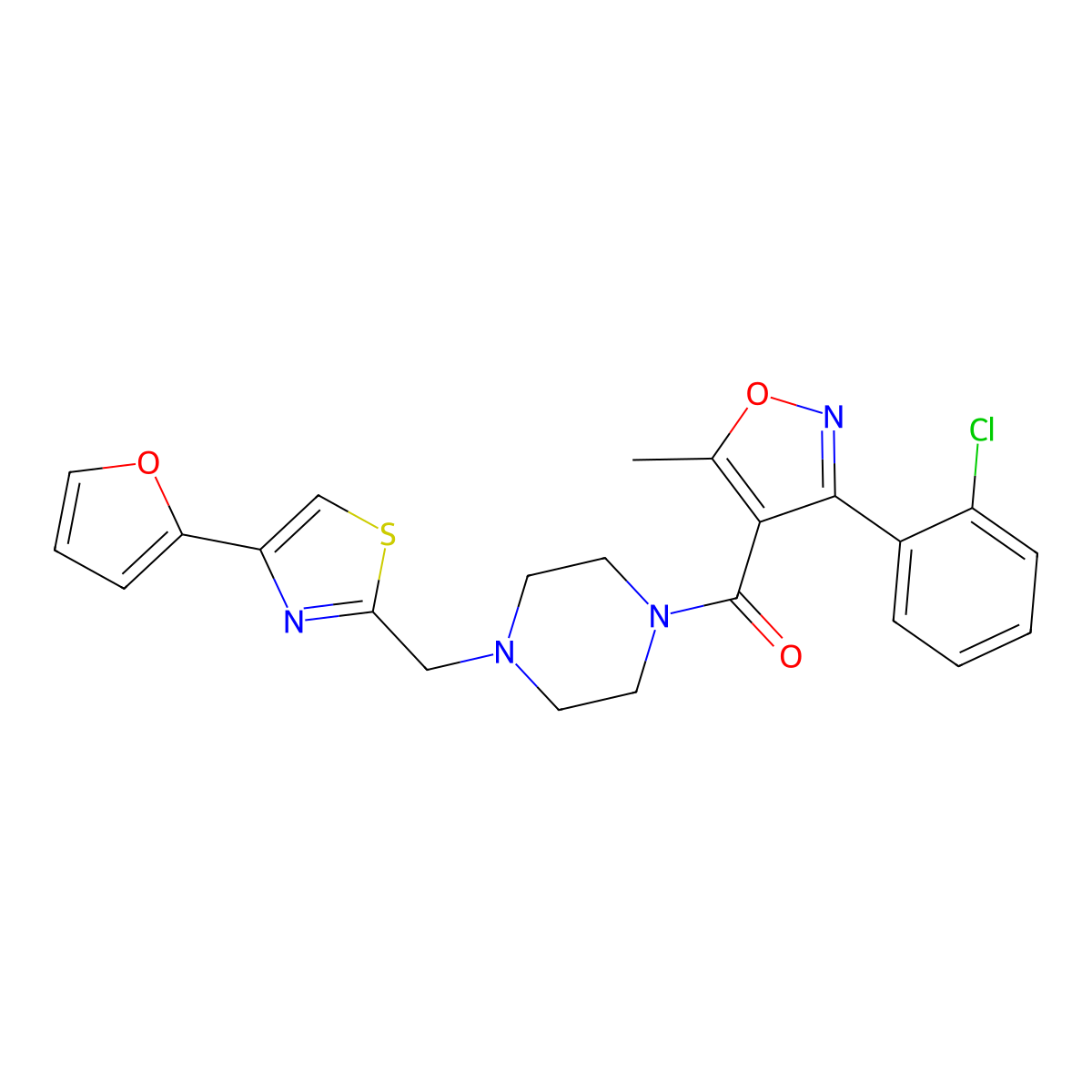 (3-(2-Chlorophenyl)-5-methylisoxazol-4-yl)(4-((4-(furan-2-yl)thiazol-2-yl)methyl)piperazin-1-yl)methanone molecular structure, CAS 1105232-69-6