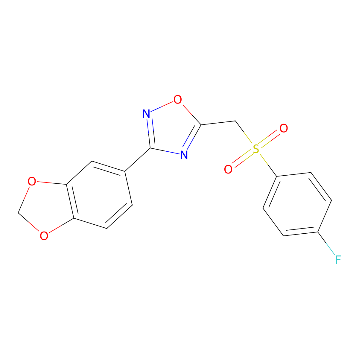 3-(Benzo[d][1,3]dioxol-5-yl)-5-(((4-fluorophenyl)sulfonyl)methyl)-1,2,4-oxadiazole molecular structure, CAS 1105232-71-0