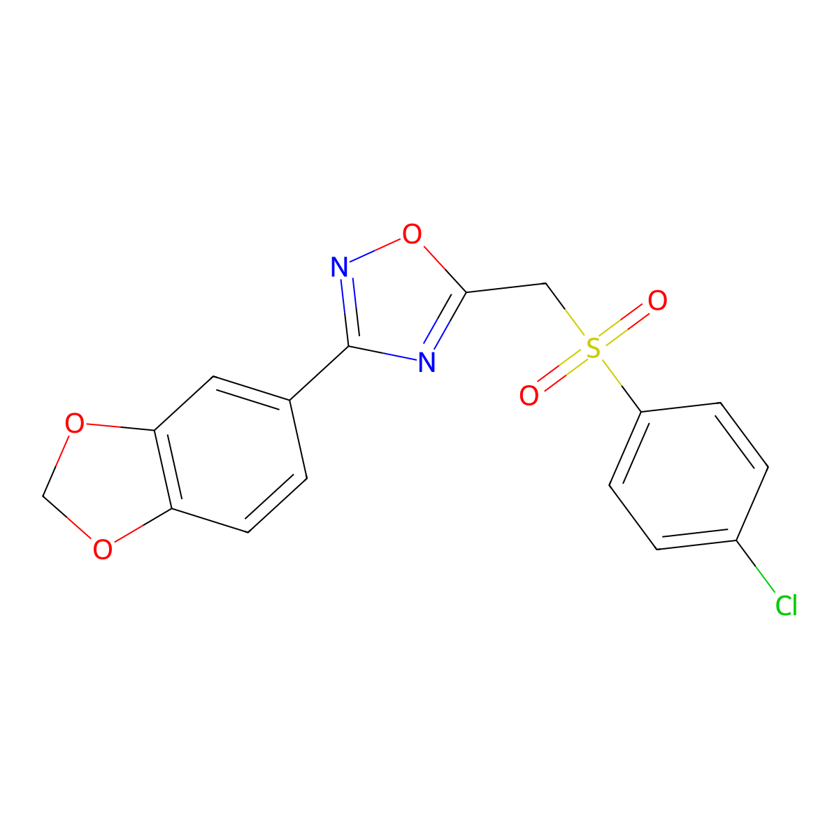 3-(Benzo[d][1,3]dioxol-5-yl)-5-(((4-chlorophenyl)sulfonyl)methyl)-1,2,4-oxadiazole molecular structure, CAS 1105232-78-7