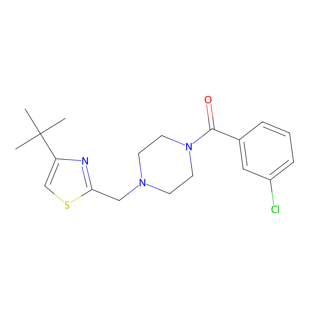 (4-((4-(Tert-butyl)thiazol-2-yl)methyl)piperazin-1-yl)(3-chlorophenyl)methanone molecular structure, CAS 1105232-81-2
