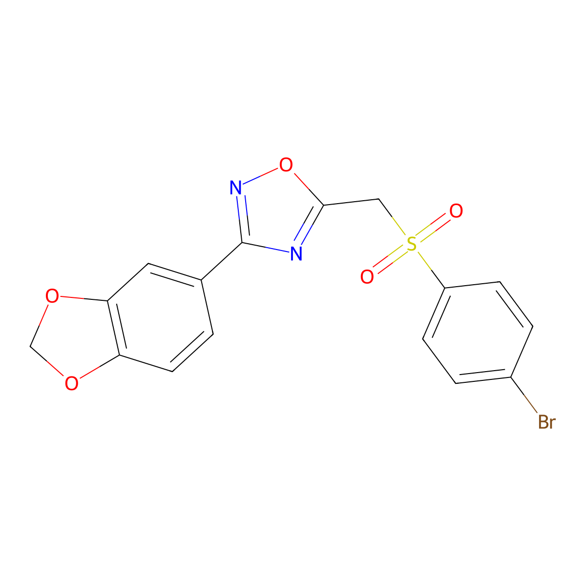 3-(Benzo[d][1,3]dioxol-5-yl)-5-(((4-bromophenyl)sulfonyl)methyl)-1,2,4-oxadiazole molecular structure, CAS 1105232-84-5