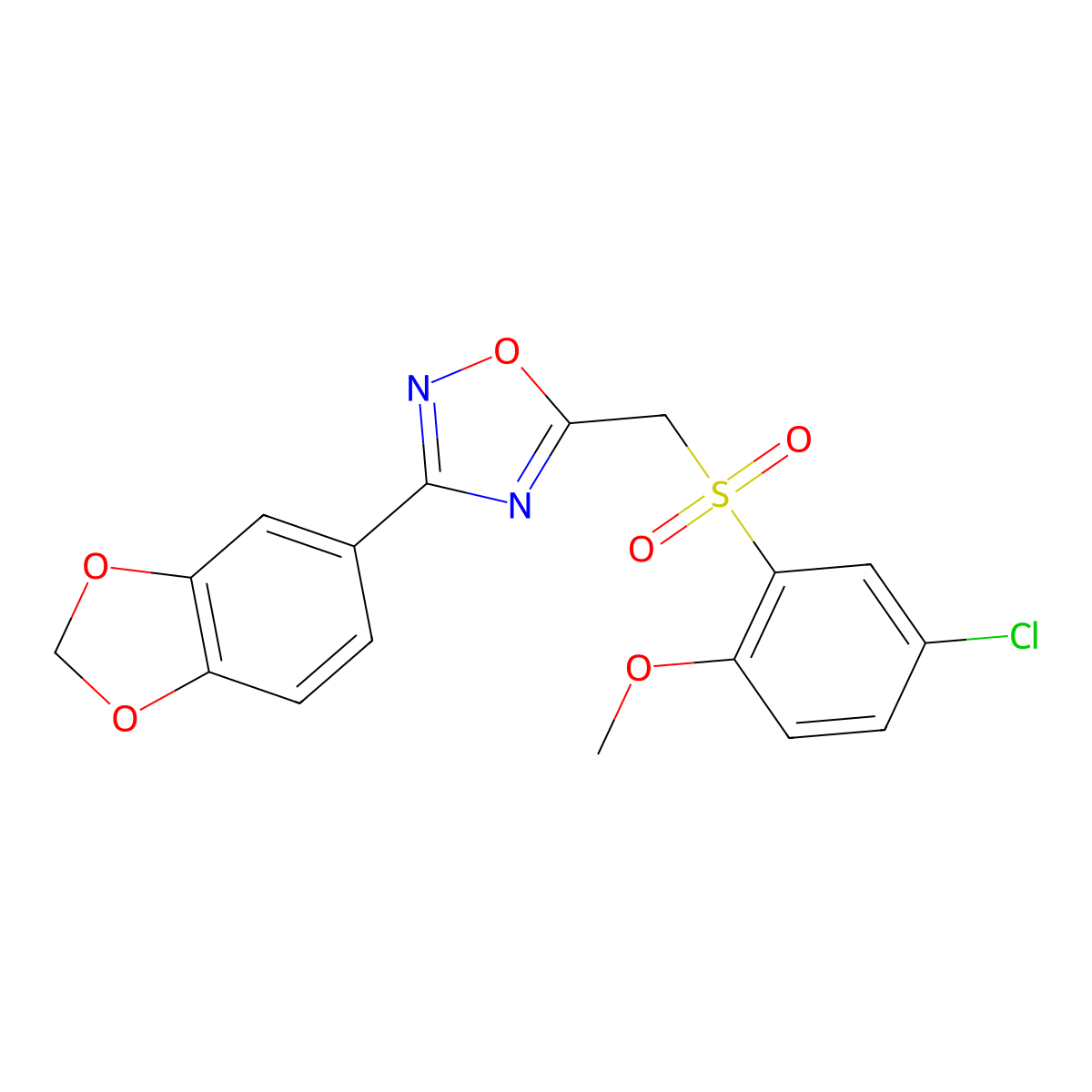 3-(Benzo[d][1,3]dioxol-5-yl)-5-(((5-chloro-2-methoxyphenyl)sulfonyl)methyl)-1,2,4-oxadiazole molecular structure, CAS 1105232-90-3