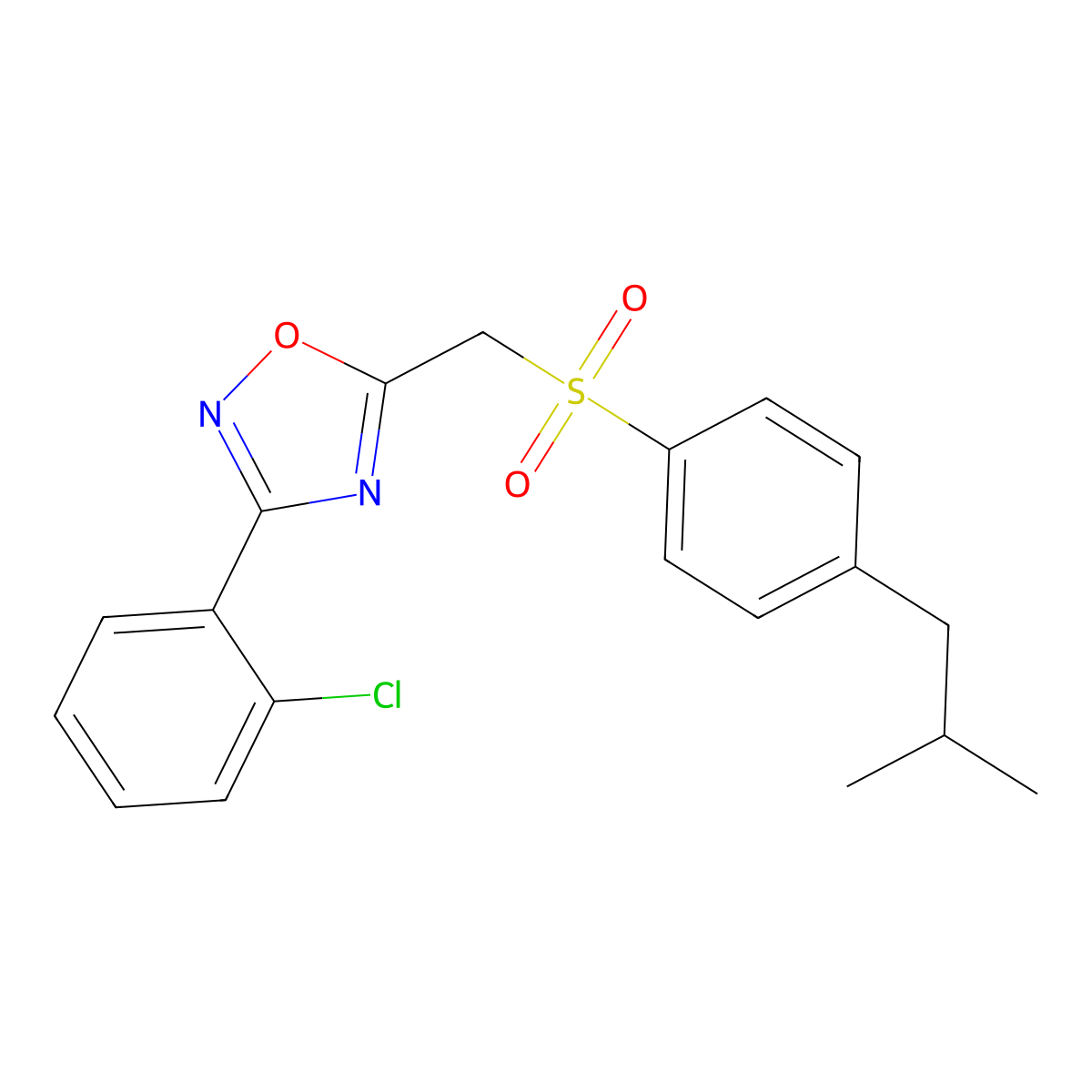 3-(2-Chlorophenyl)-5-(((4-isobutylphenyl)sulfonyl)methyl)-1,2,4-oxadiazole molecular structure, CAS 1105232-96-9