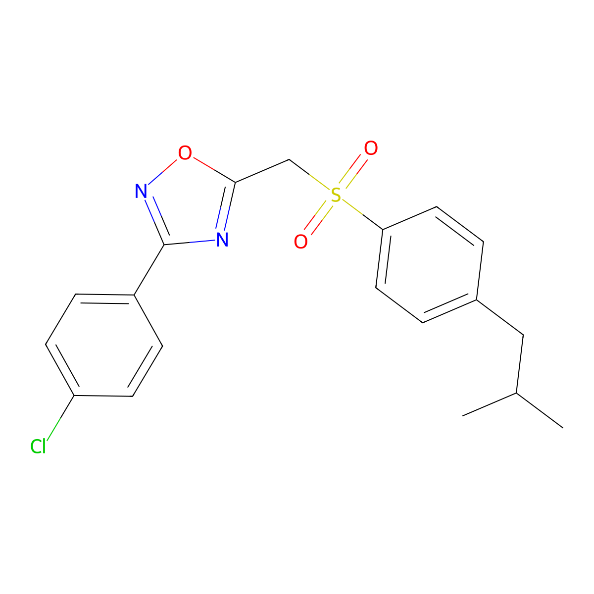3-(4-Chlorophenyl)-5-(((4-isobutylphenyl)sulfonyl)methyl)-1,2,4-oxadiazole molecular structure, CAS 1105233-15-5