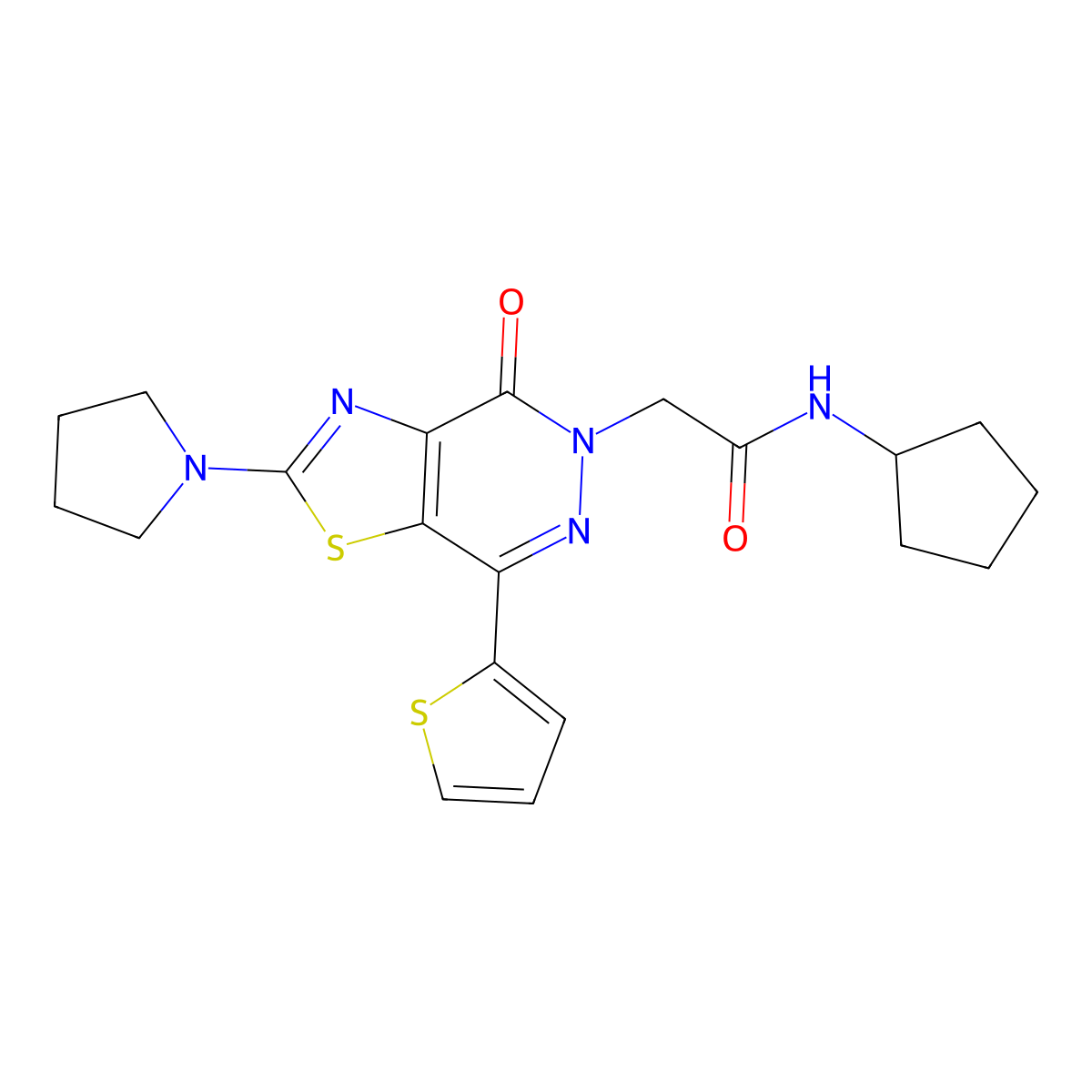 N-cyclopentyl-2-(4-oxo-2-(pyrrolidin-1-yl)-7-(thiophen-2-yl)thiazolo[4,5-d]pyridazin-5(4H)-yl)acetamide molecular structure, CAS 1105233-18-8