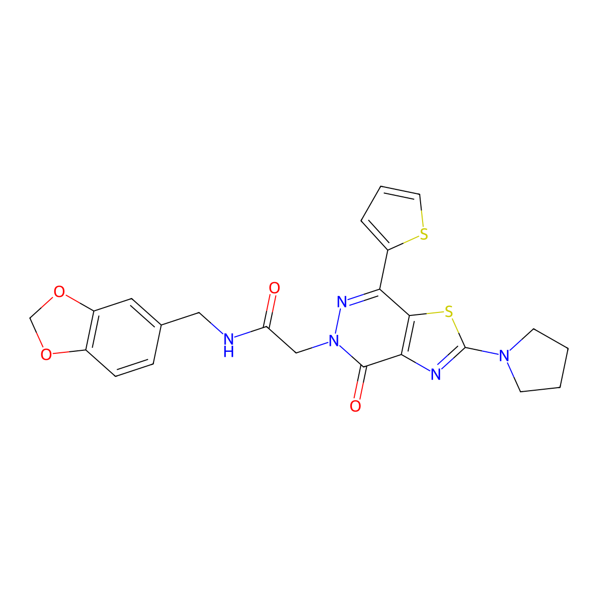 N-(benzo[d][1,3]dioxol-5-ylmethyl)-2-(4-oxo-2-(pyrrolidin-1-yl)-7-(thiophen-2-yl)thiazolo[4,5-d]pyridazin-5(4H)-yl)acetamide molecular structure, CAS 1105233-25-7
