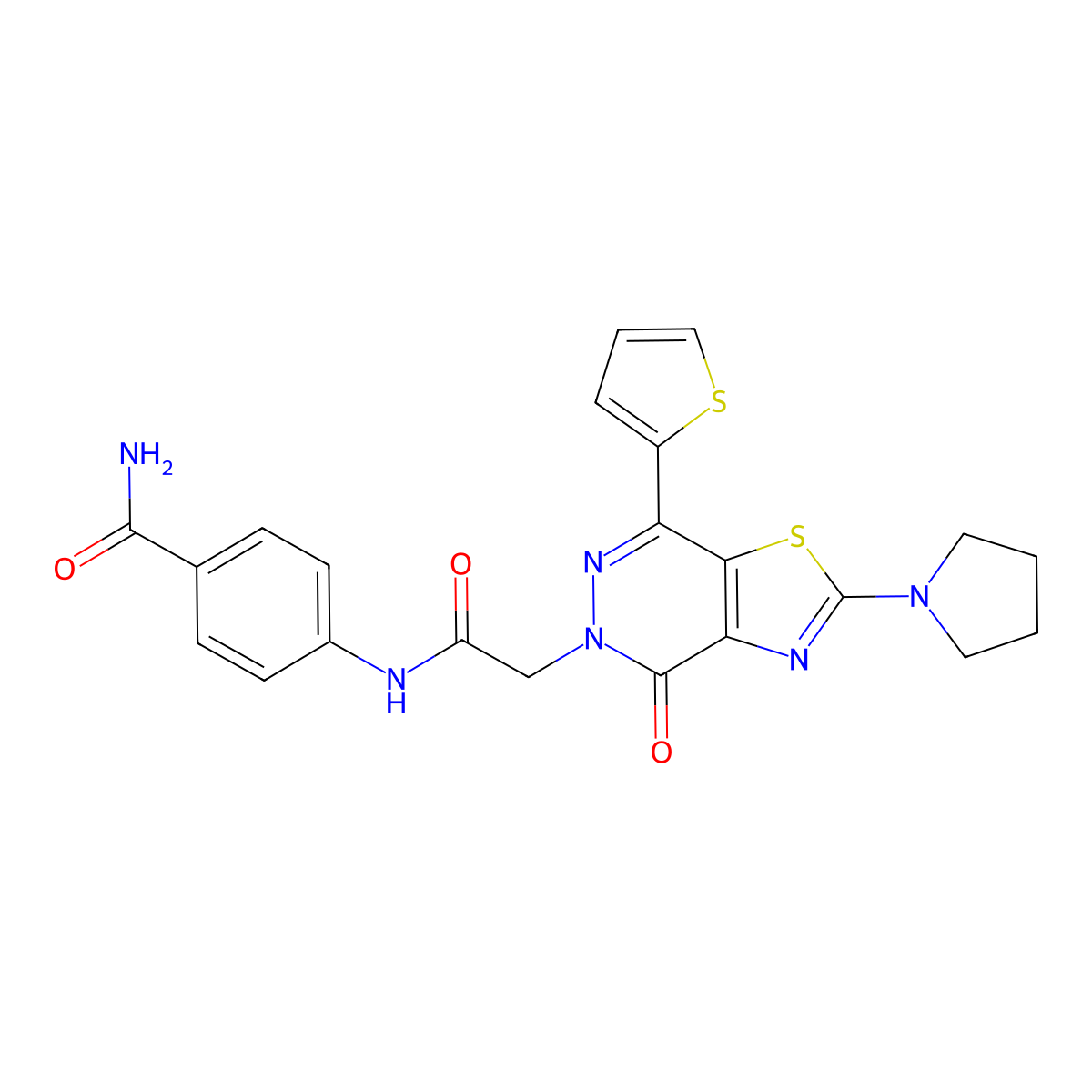 4-(2-(4-oxo-2-(pyrrolidin-1-yl)-7-(thiophen-2-yl)thiazolo[4,5-d]pyridazin-5(4H)-yl)acetamido)benzamide molecular structure, CAS 1105233-32-6