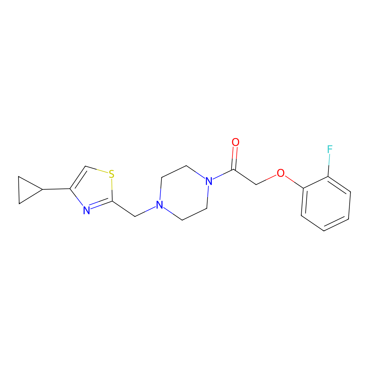 1-(4-((4-Cyclopropylthiazol-2-yl)methyl)piperazin-1-yl)-2-(2-fluorophenoxy)ethanone molecular structure, CAS 1105233-33-7