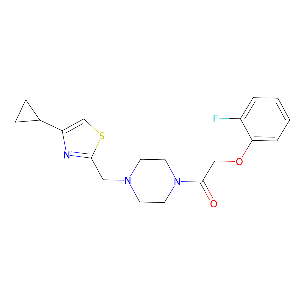 1-(4-((4-Cyclopropylthiazol-2-yl)methyl)piperazin-1-yl)-2-(2-fluorophenoxy)ethanone molecular structure, CAS 1105233-33-7