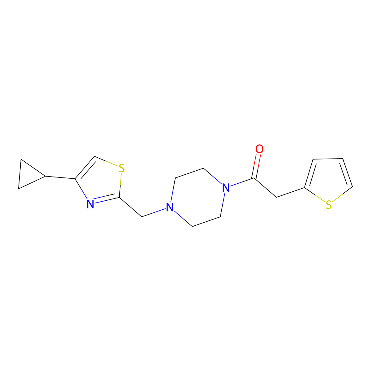 1-(4-((4-Cyclopropylthiazol-2-yl)methyl)piperazin-1-yl)-2-(thiophen-2-yl)ethanone molecular structure, CAS 1105233-40-6