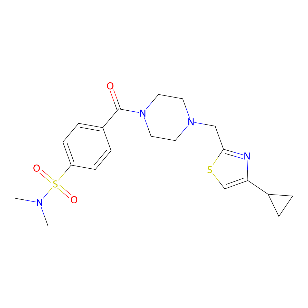 4-(4-((4-cyclopropylthiazol-2-yl)methyl)piperazine-1-carbonyl)-N,N-dimethylbenzenesulfonamide molecular structure, CAS 1105233-46-2