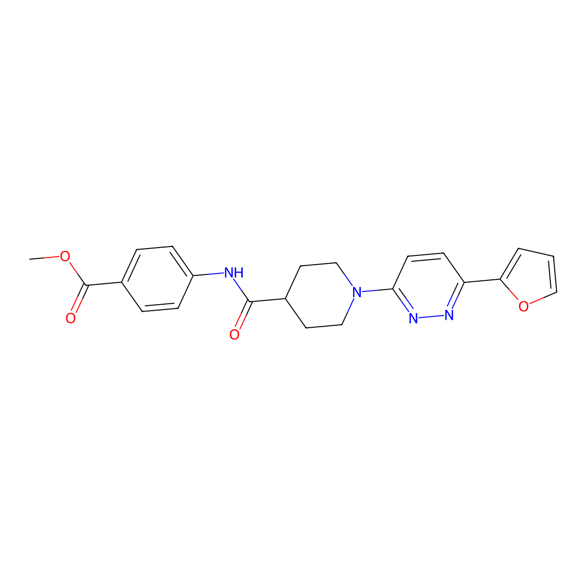 Methyl 4-(1-(6-(furan-2-yl)pyridazin-3-yl)piperidine-4-carboxamido)benzoate molecular structure, CAS 1105233-50-8