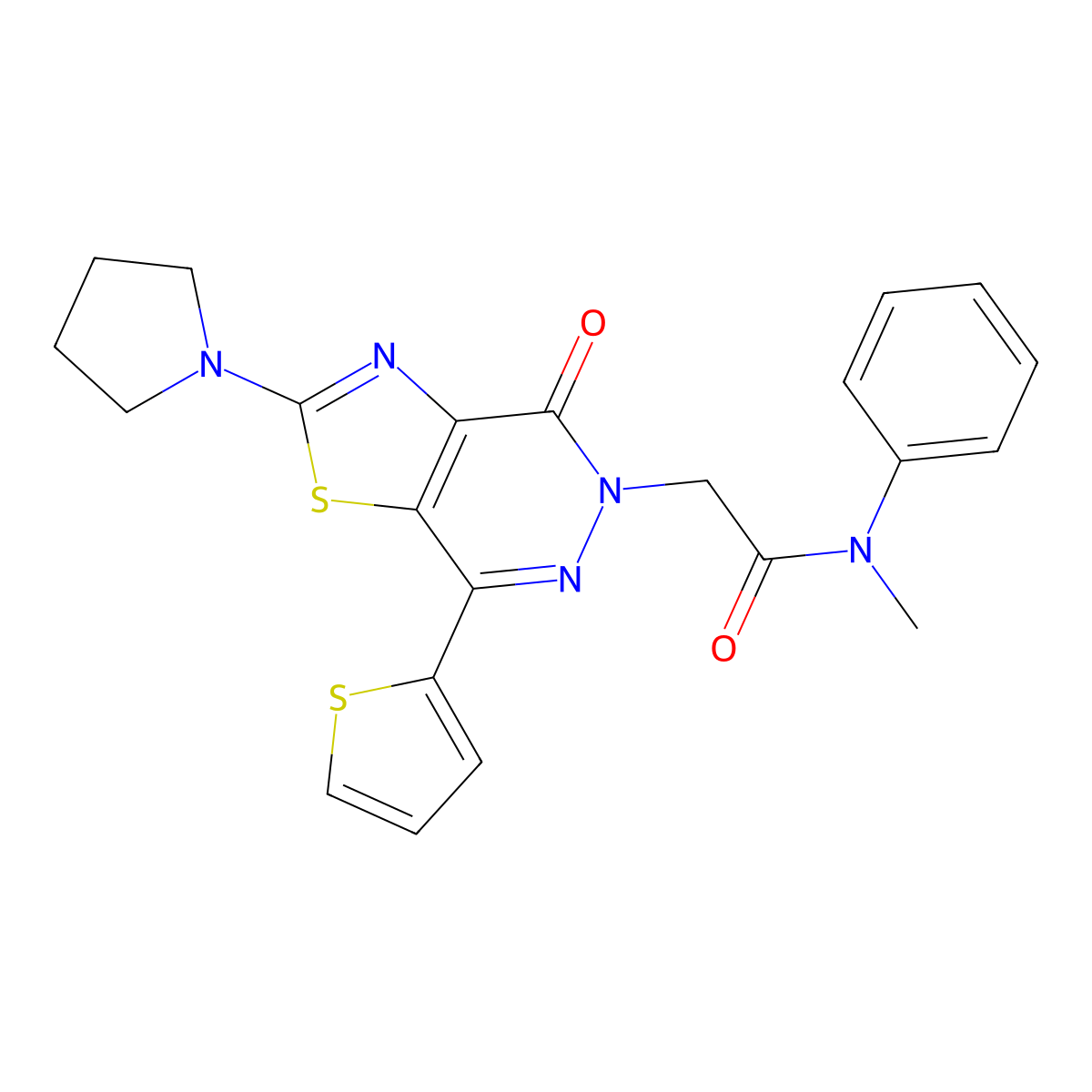 N-methyl-2-(4-oxo-2-(pyrrolidin-1-yl)-7-(thiophen-2-yl)thiazolo[4,5-d]pyridazin-5(4H)-yl)-N-phenylacetamide molecular structure, CAS 1105233-57-5