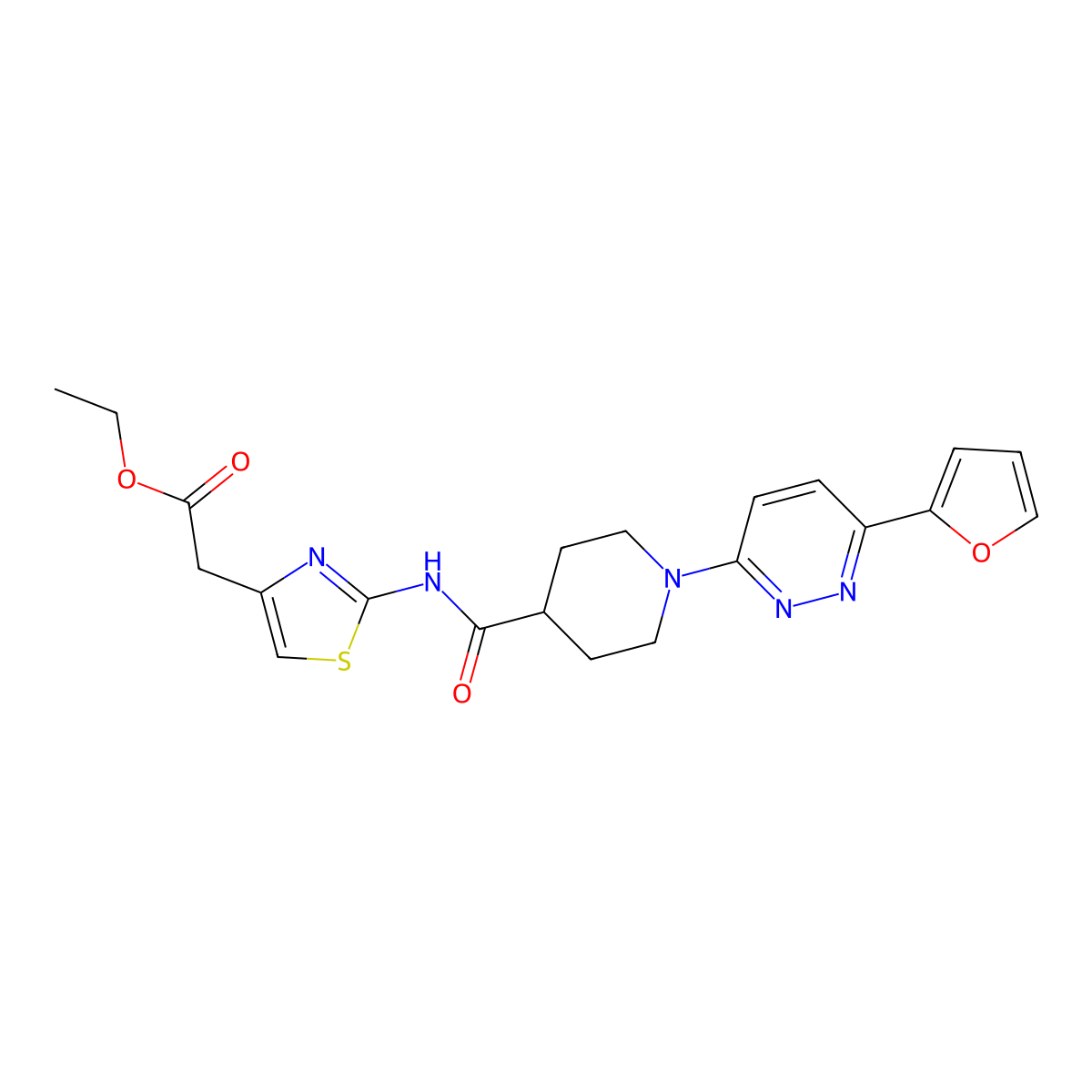 Ethyl 2-(2-(1-(6-(furan-2-yl)pyridazin-3-yl)piperidine-4-carboxamido)thiazol-4-yl)acetate molecular structure, CAS 1105233-62-2