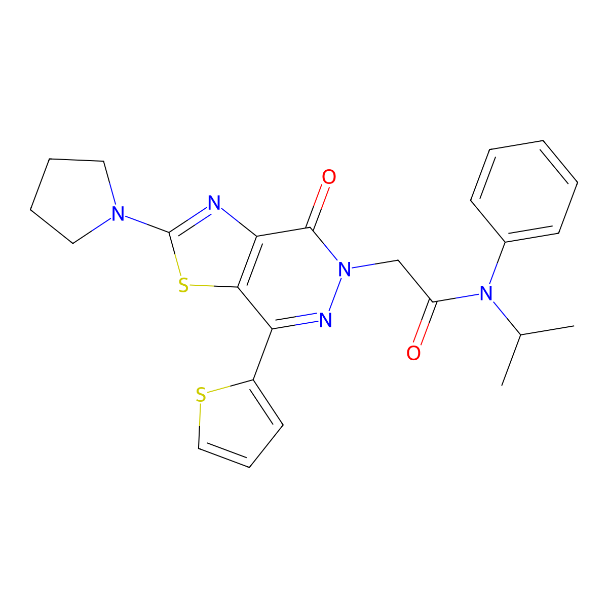 N-isopropyl-2-(4-oxo-2-(pyrrolidin-1-yl)-7-(thiophen-2-yl)thiazolo[4,5-d]pyridazin-5(4H)-yl)-N-phenylacetamide molecular structure, CAS 1105233-69-9