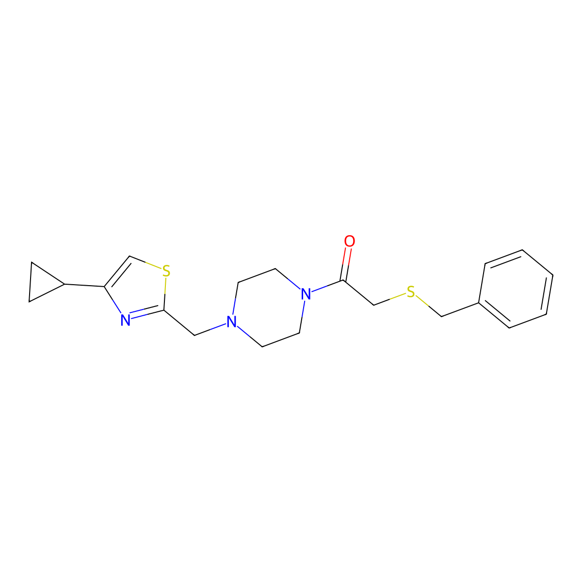 2-(Benzylsulfanyl)-1-{4-[(4-cyclopropyl-1,3-thiazol-2-yl)methyl]piperazin-1-yl}ethan-1-one molecular structure, CAS 1105233-70-2