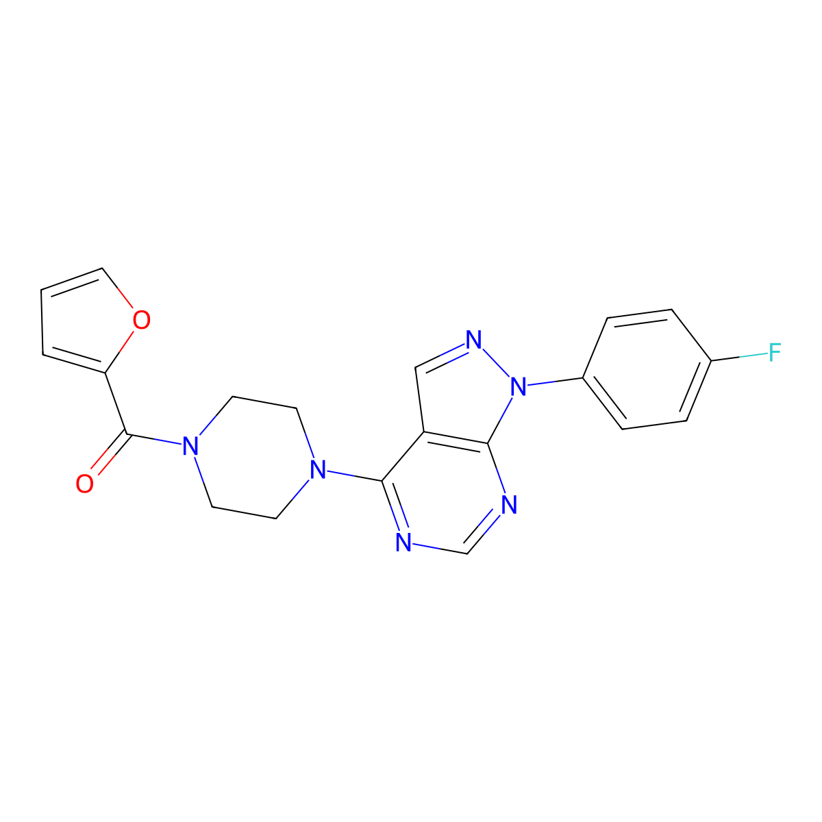 (4-(1-(4-fluorophenyl)-1H-pyrazolo[3,4-d]pyrimidin-4-yl)piperazin-1-yl)(furan-2-yl)methanone molecular structure, CAS 1105233-73-5